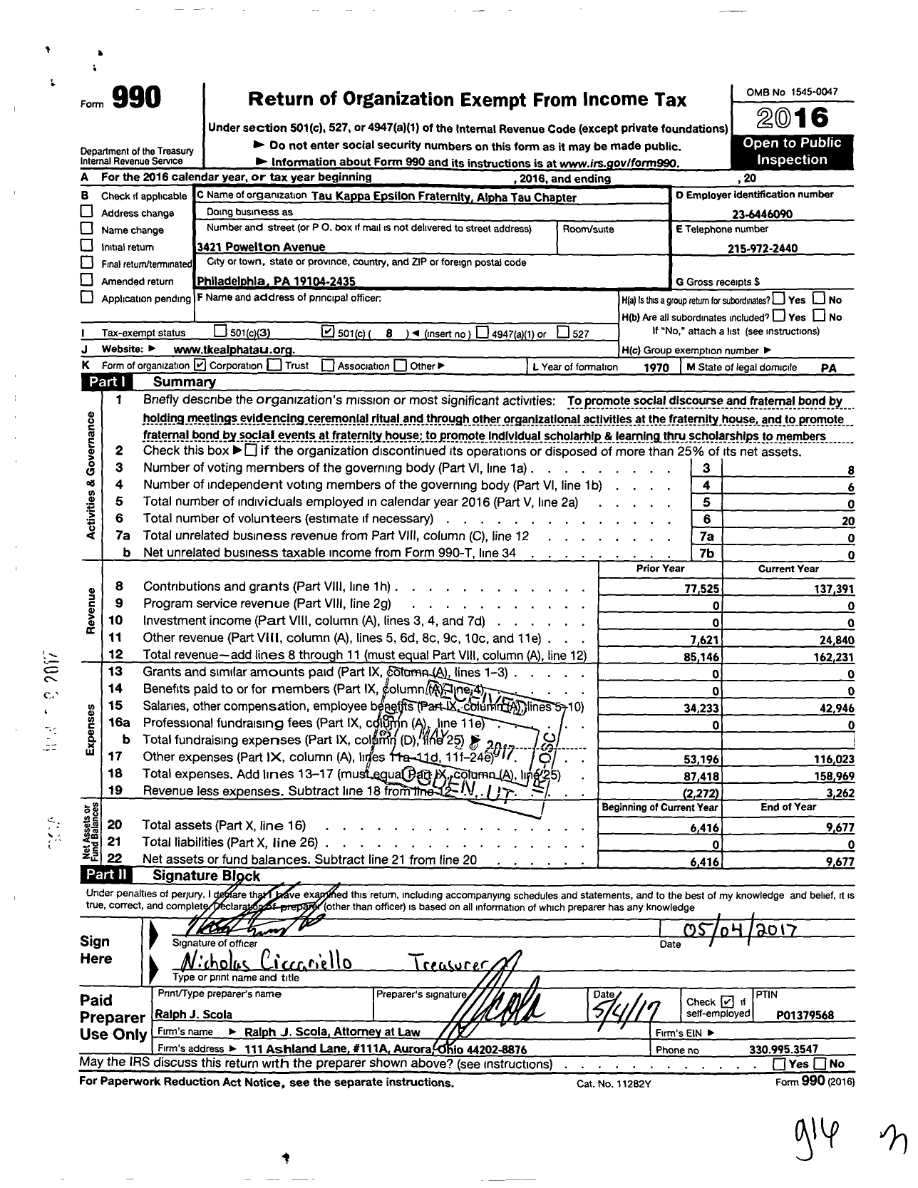 Image of first page of 2016 Form 990O for Tau Kappa Epsilon Fraternity - 143 Alpha Tau Chapter