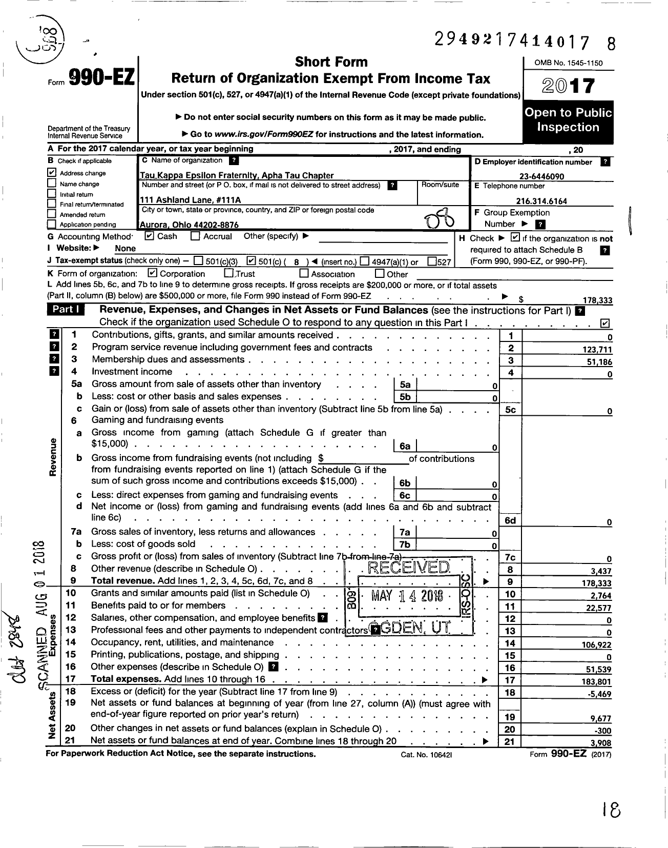 Image of first page of 2017 Form 990EO for Tau Kappa Epsilon Fraternity - 143 Alpha Tau Chapter