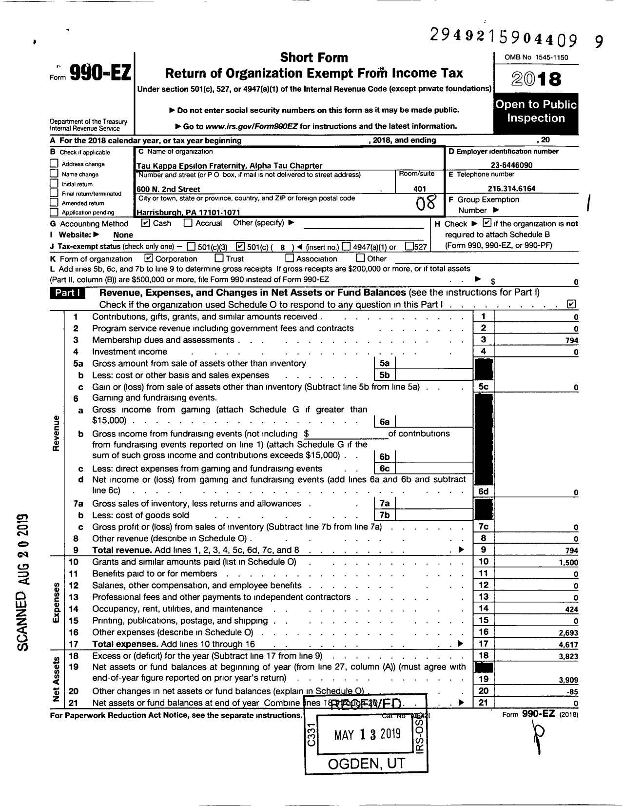 Image of first page of 2018 Form 990EO for Tau Kappa Epsilon Fraternity - 143 Alpha Tau Chapter