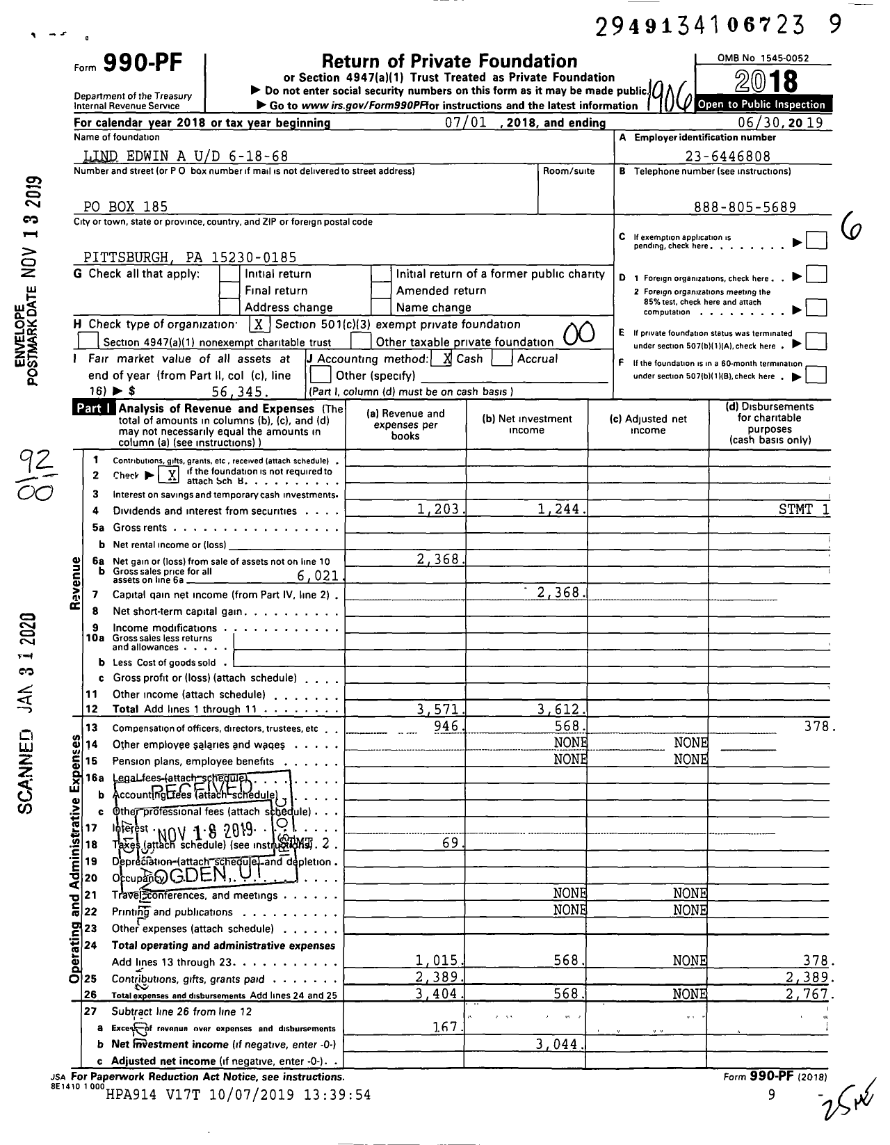 Image of first page of 2018 Form 990PF for Lind Edwin A Ud 6-18-68