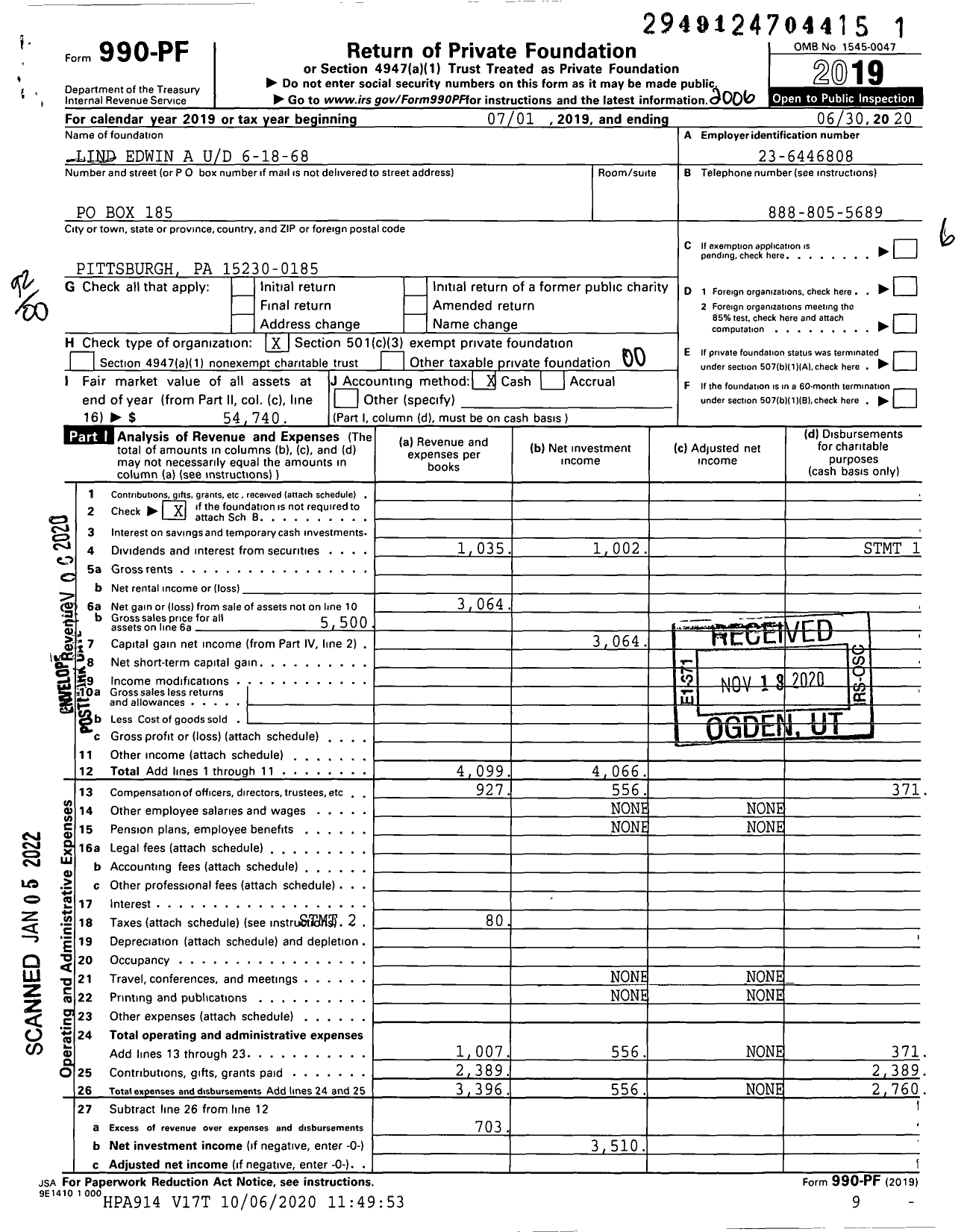 Image of first page of 2019 Form 990PF for Lind Edwin A Ud 6-18-68