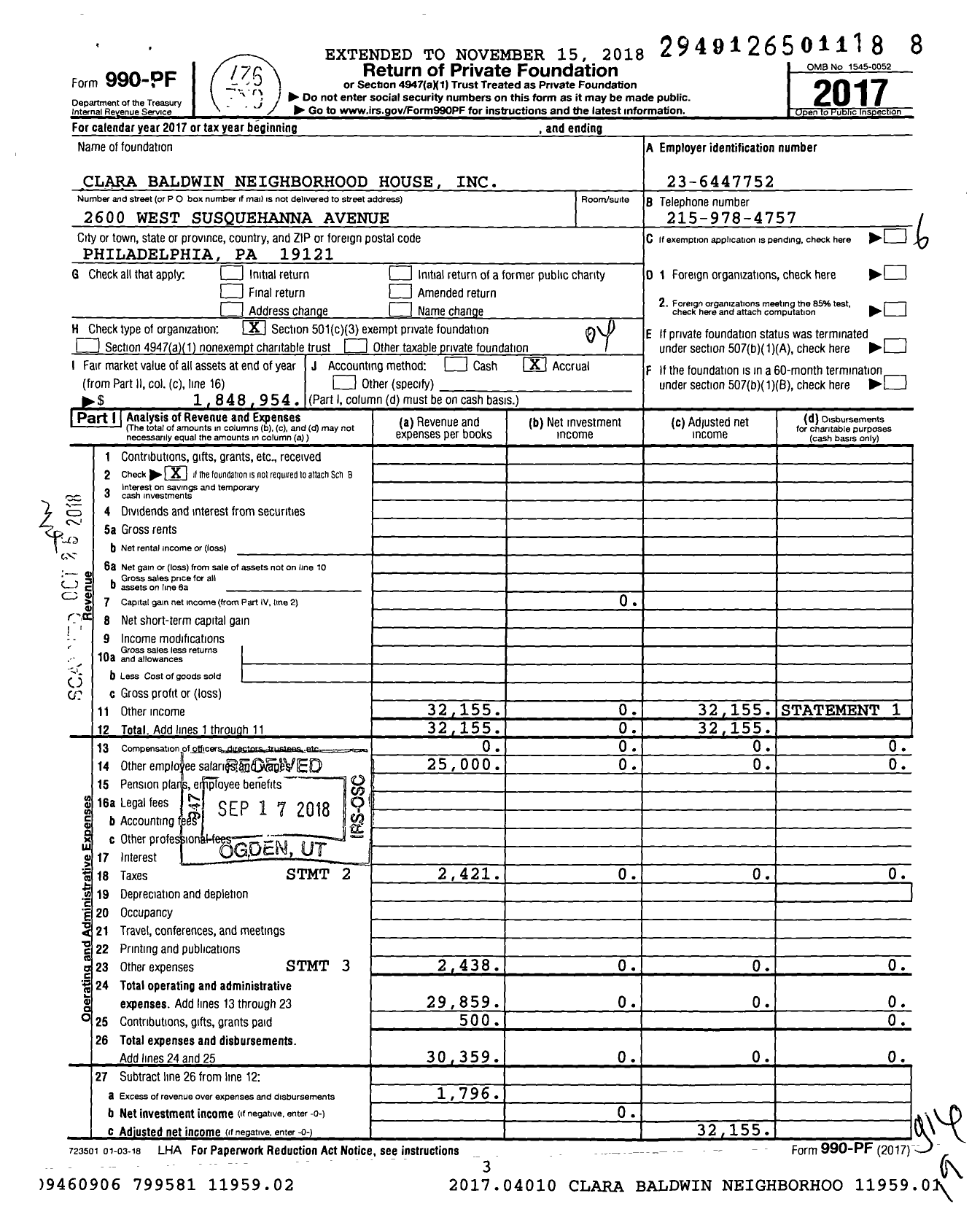 Image of first page of 2017 Form 990PF for Clara Baldwin Neighborhood House