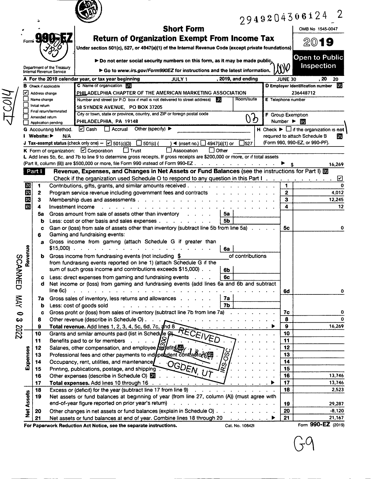 Image of first page of 2019 Form 990EZ for American Marketing Association / Philadelphia Chapter