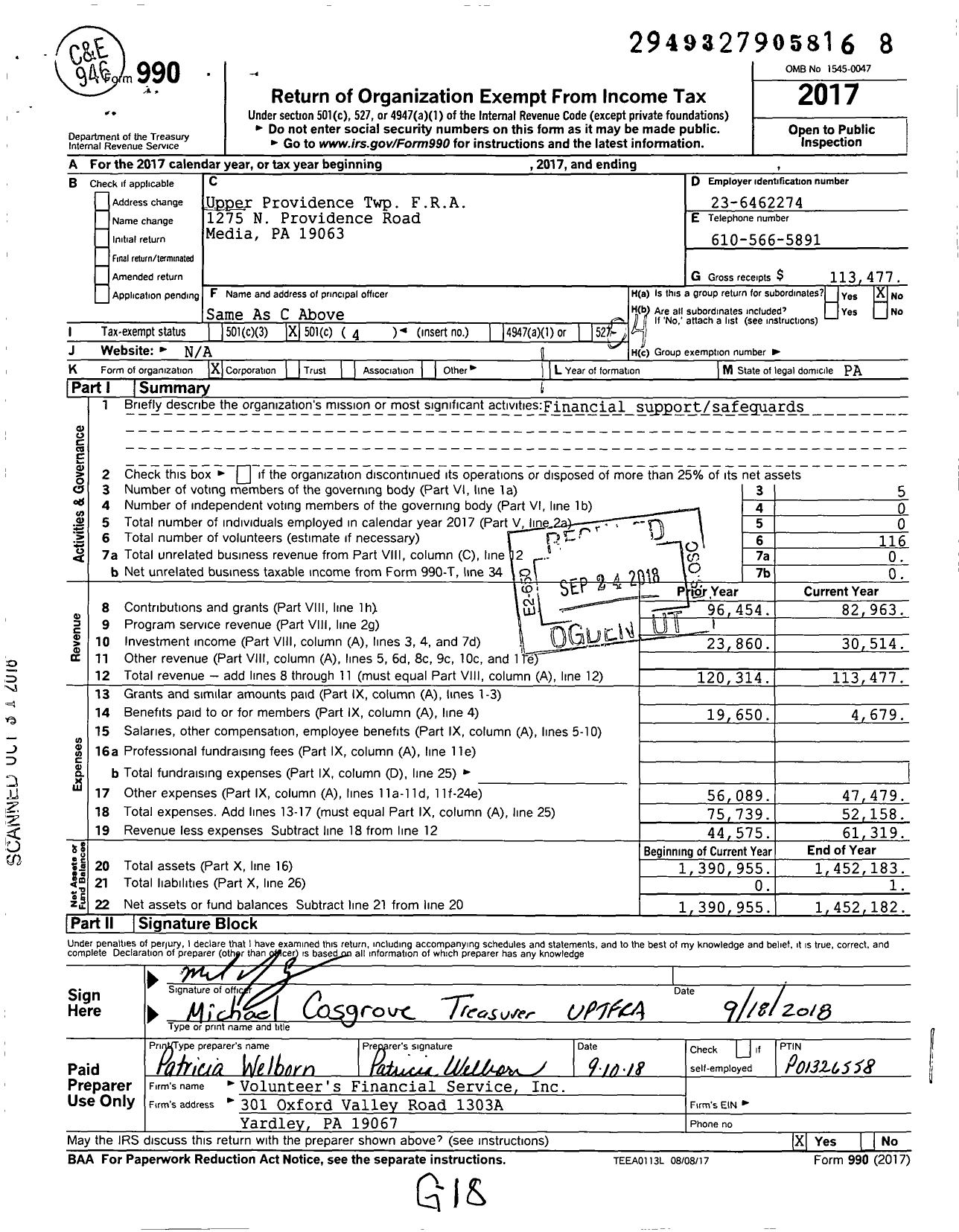 Image of first page of 2017 Form 990O for Upper Providence Twp FRA