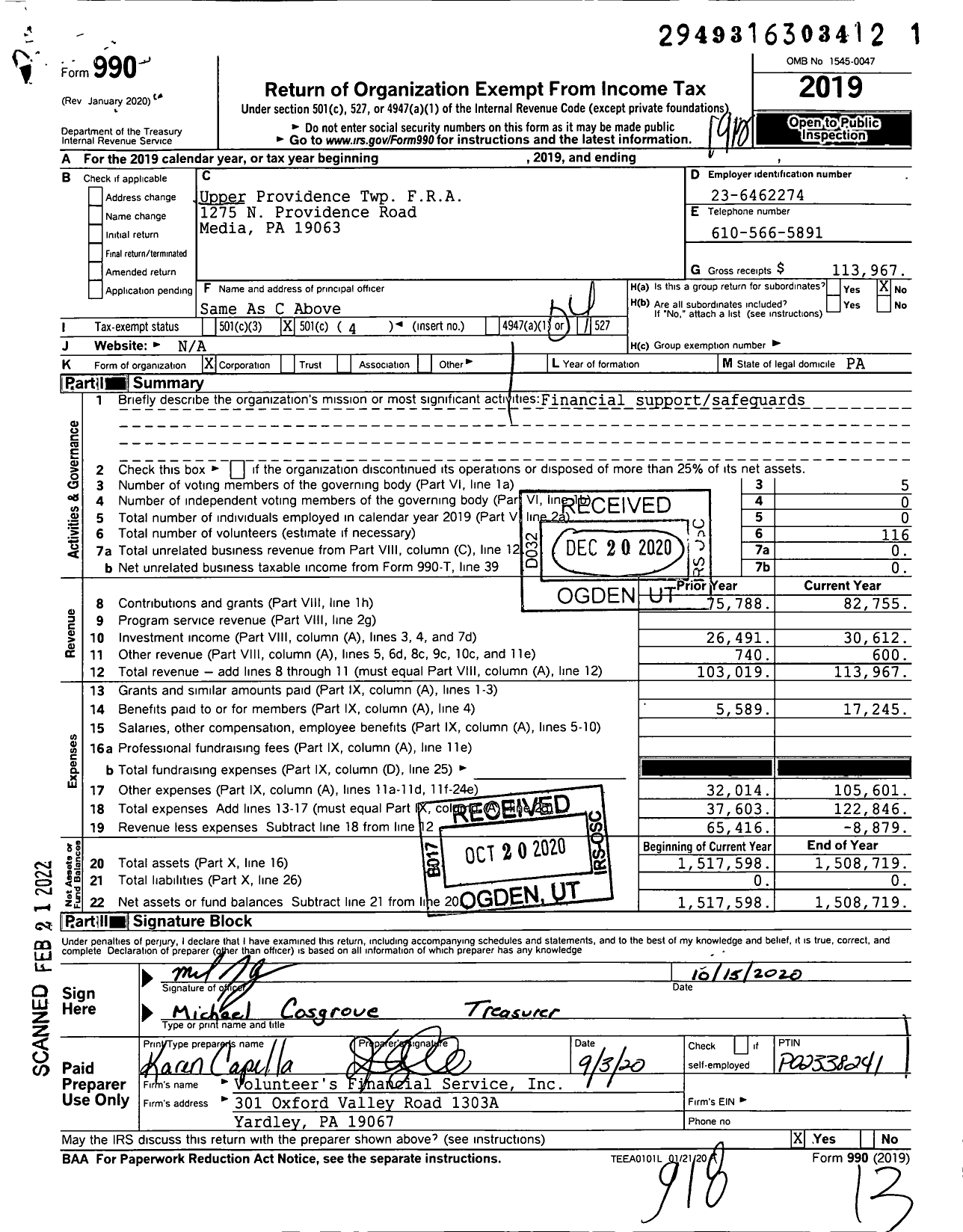 Image of first page of 2019 Form 990O for Upper Providence Twp FRA