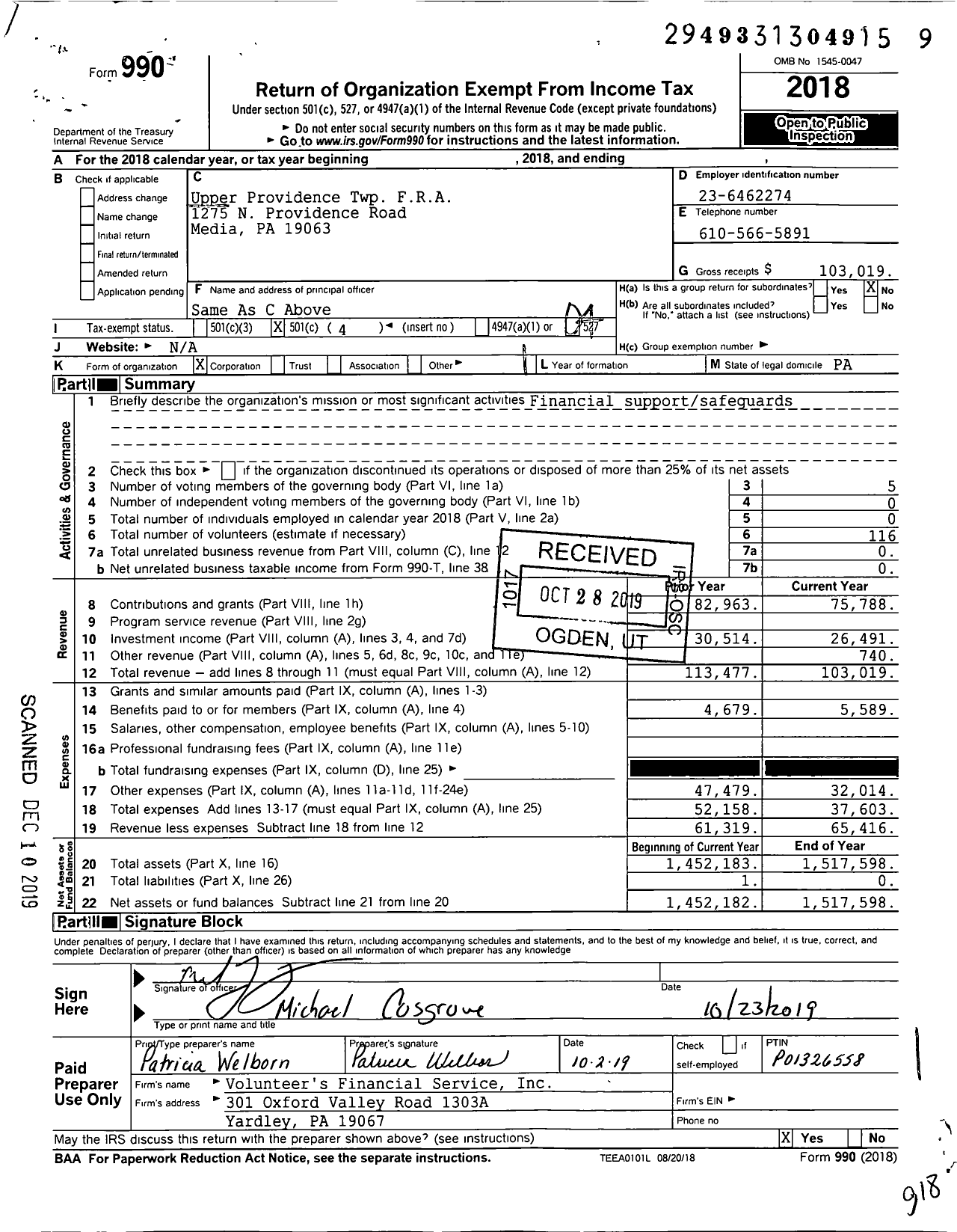 Image of first page of 2018 Form 990O for Upper Providence Twp FRA