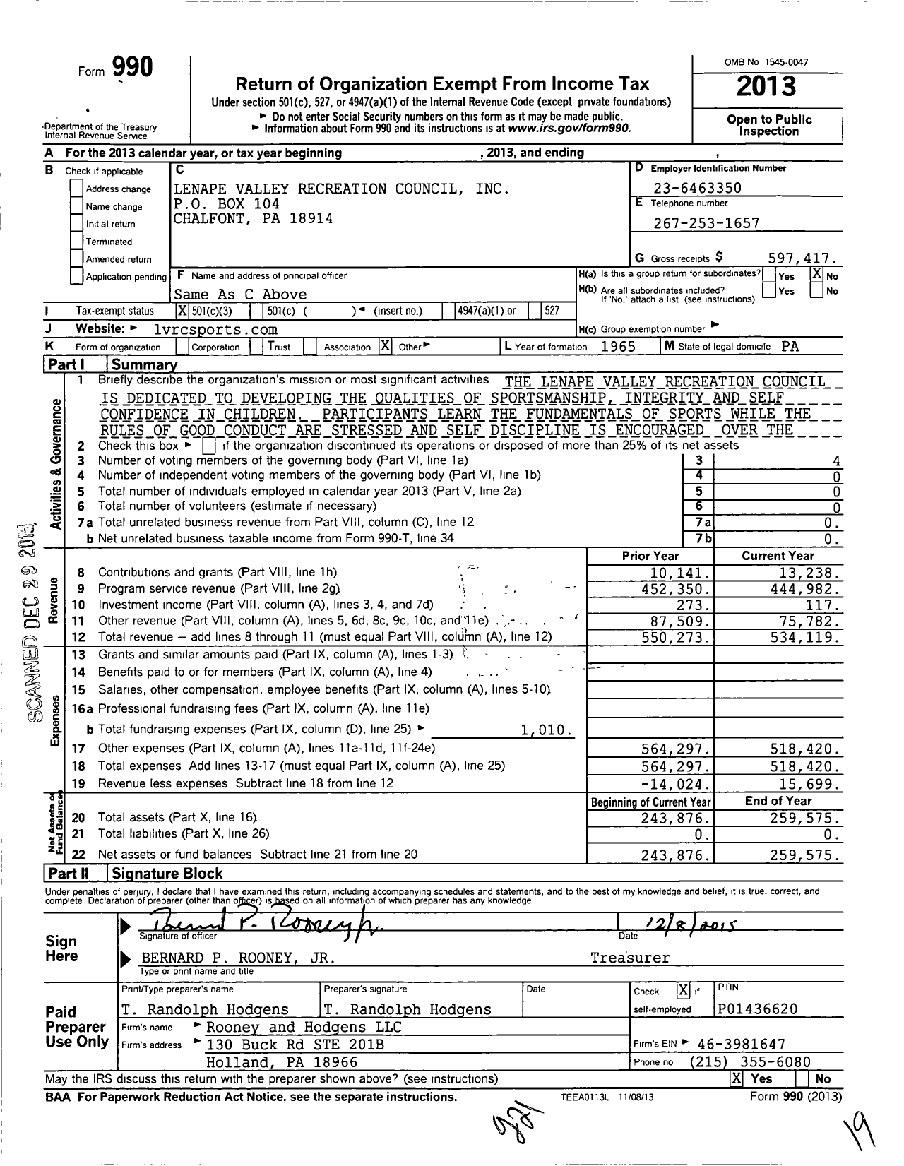 Image of first page of 2013 Form 990 for Lenape Valley Recreation Council