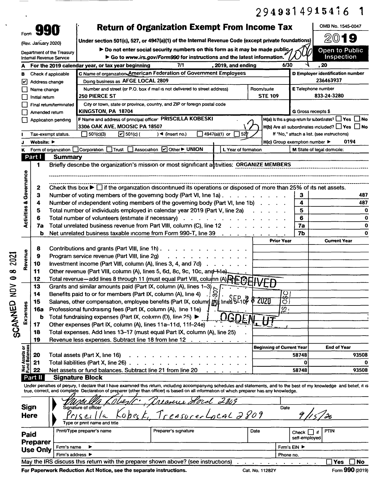 Image of first page of 2019 Form 990O for American Federation of Government Employees - 2809 Afge Local