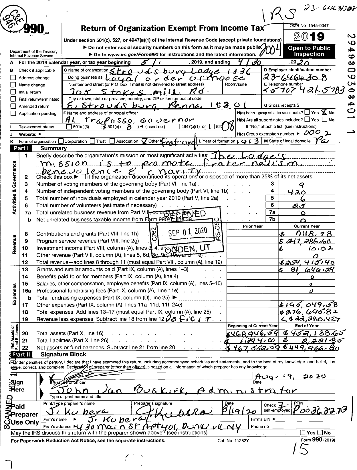 Image of first page of 2019 Form 990O for Loyal Order of Moose - 1336