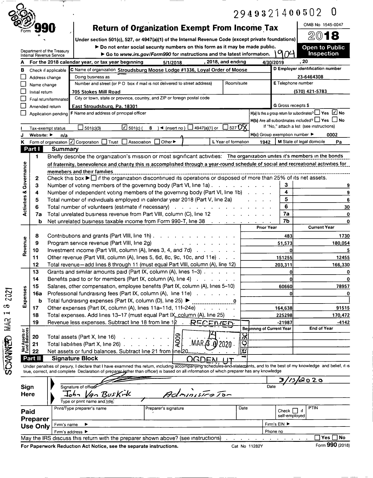 Image of first page of 2018 Form 990O for Loyal Order of Moose - 1336