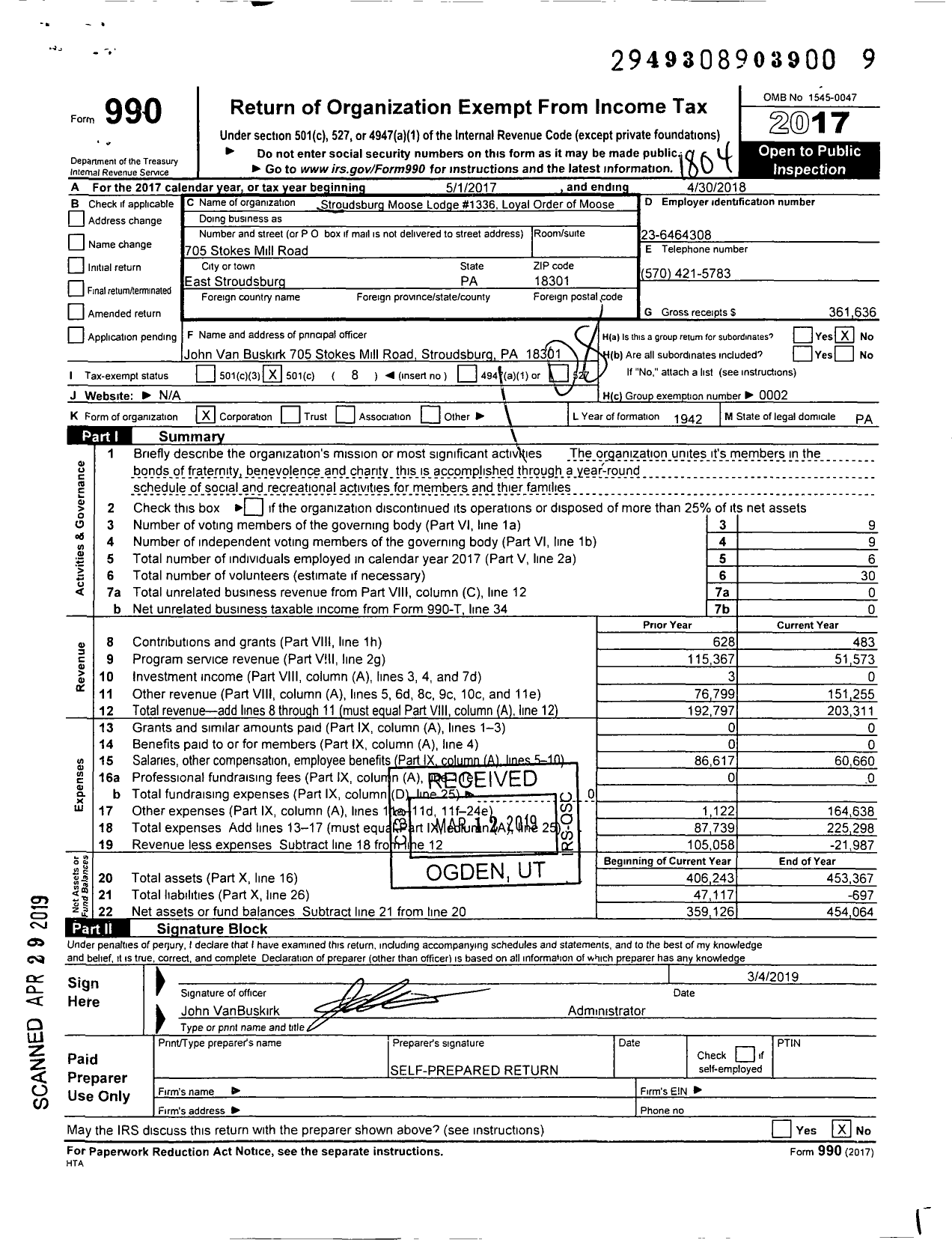 Image of first page of 2017 Form 990O for Loyal Order of Moose - 1336