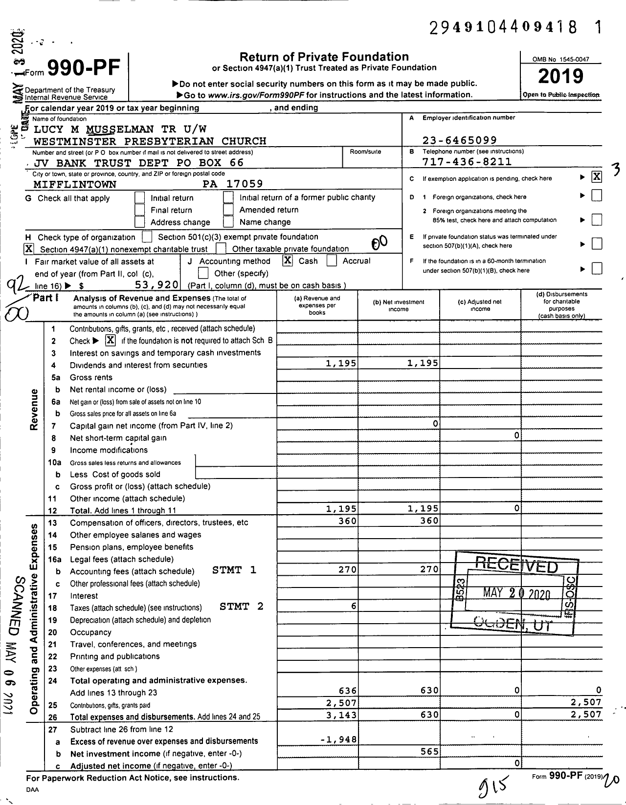 Image of first page of 2019 Form 990PF for Lucy M Musselman TR Uw Westminster Presbyterian Church