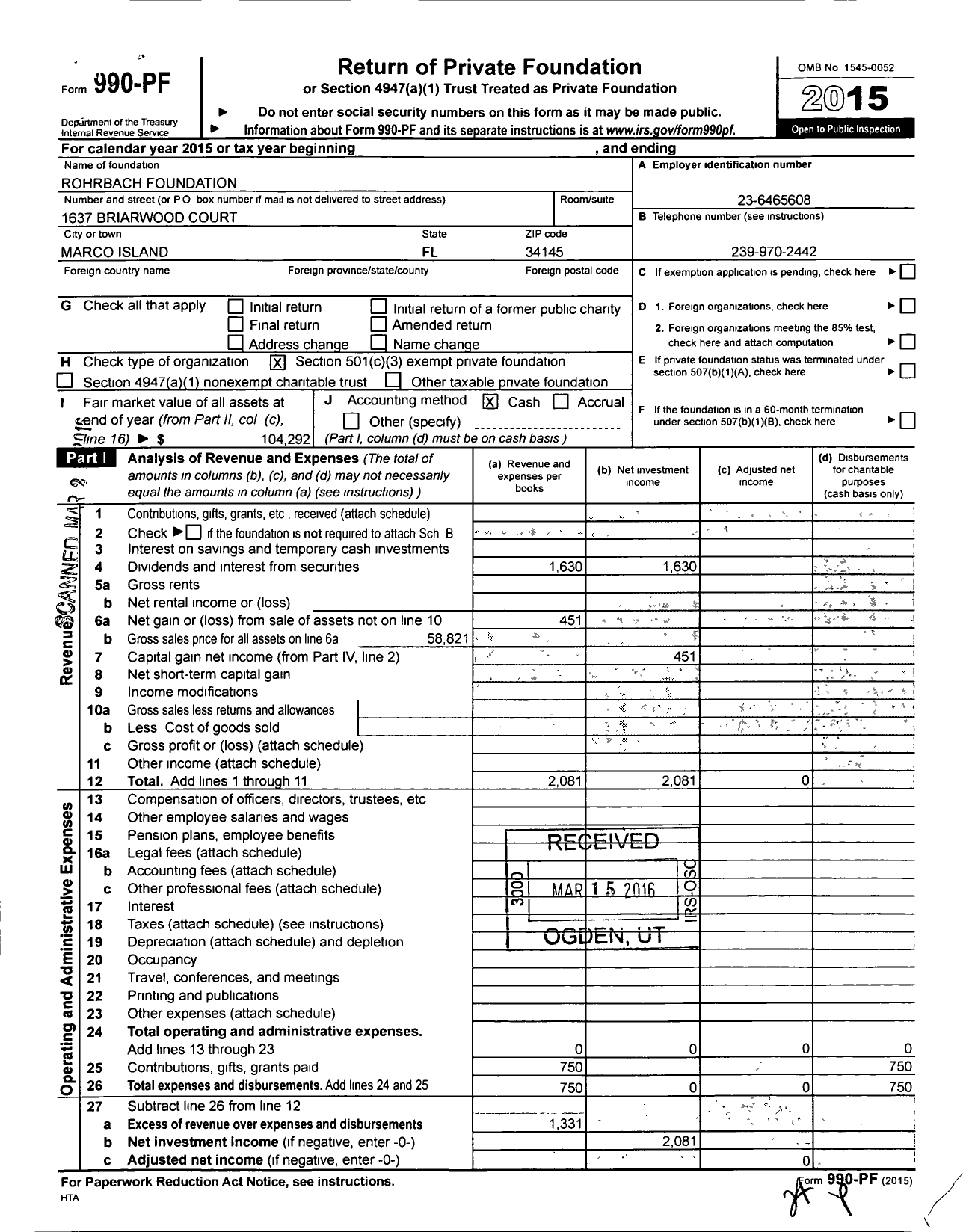 Image of first page of 2015 Form 990PF for Rohrbach Foundation