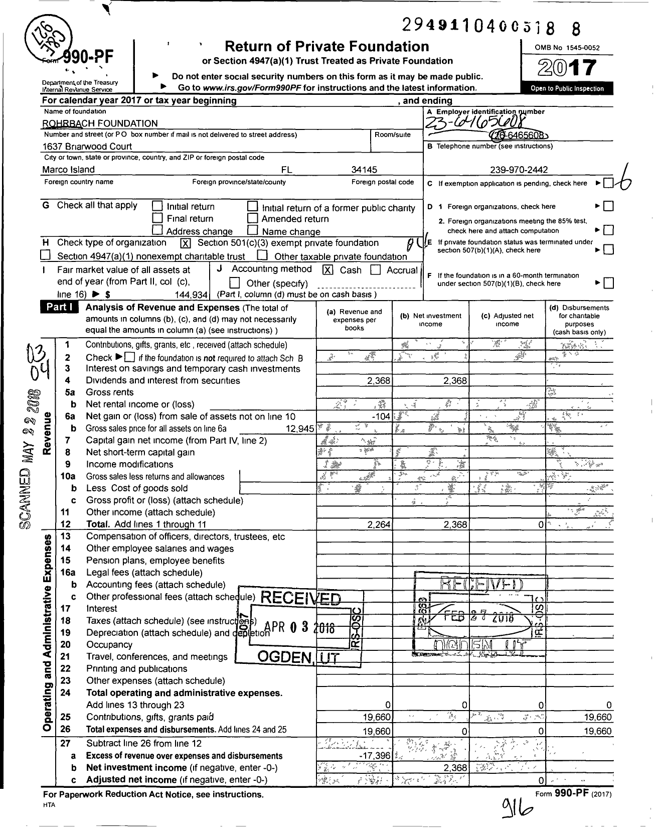 Image of first page of 2017 Form 990PF for Rohrbach Foundation