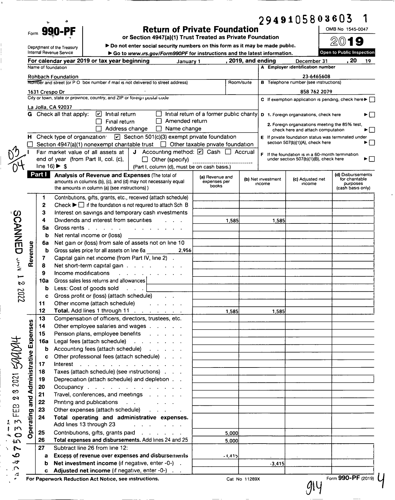 Image of first page of 2019 Form 990PF for Rohrbach Foundation