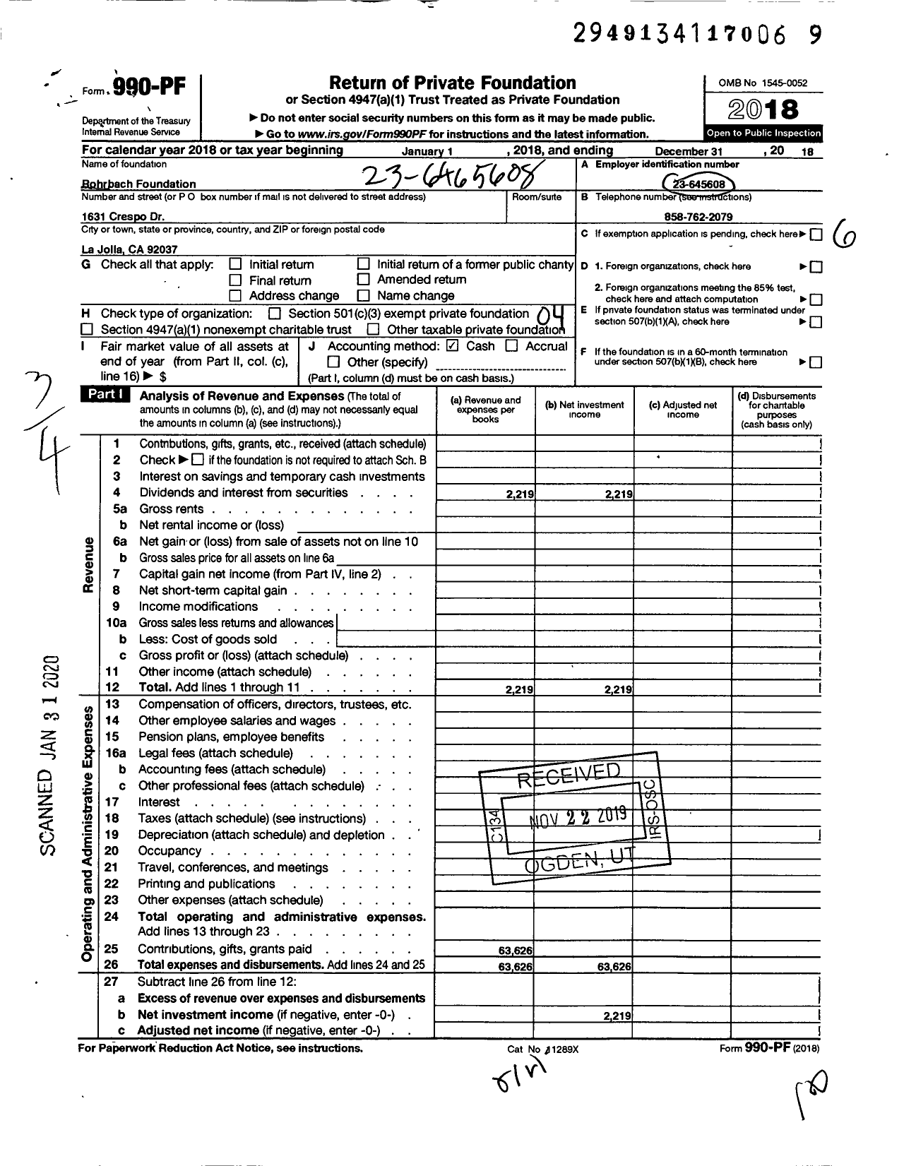 Image of first page of 2018 Form 990PF for Rohrbach Foundation