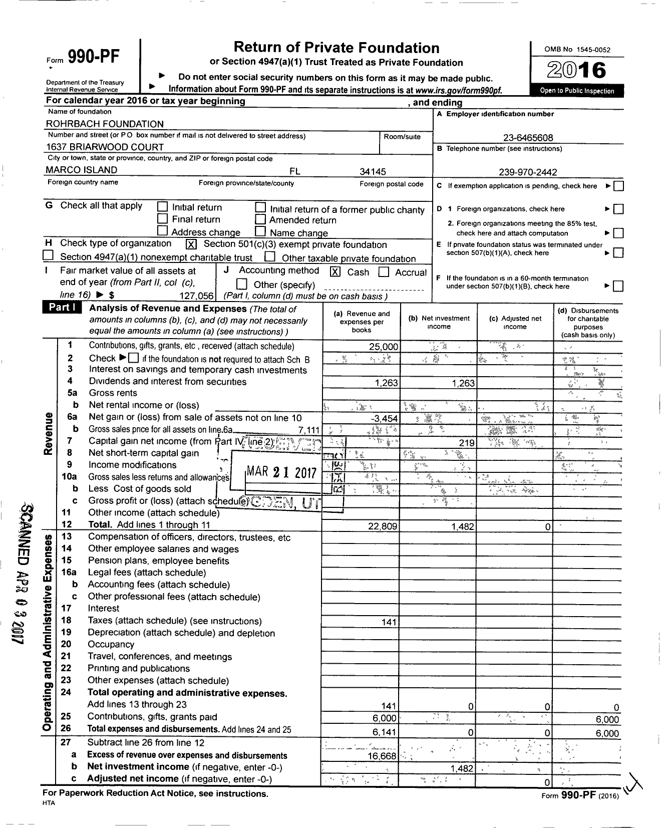 Image of first page of 2016 Form 990PF for Rohrbach Foundation