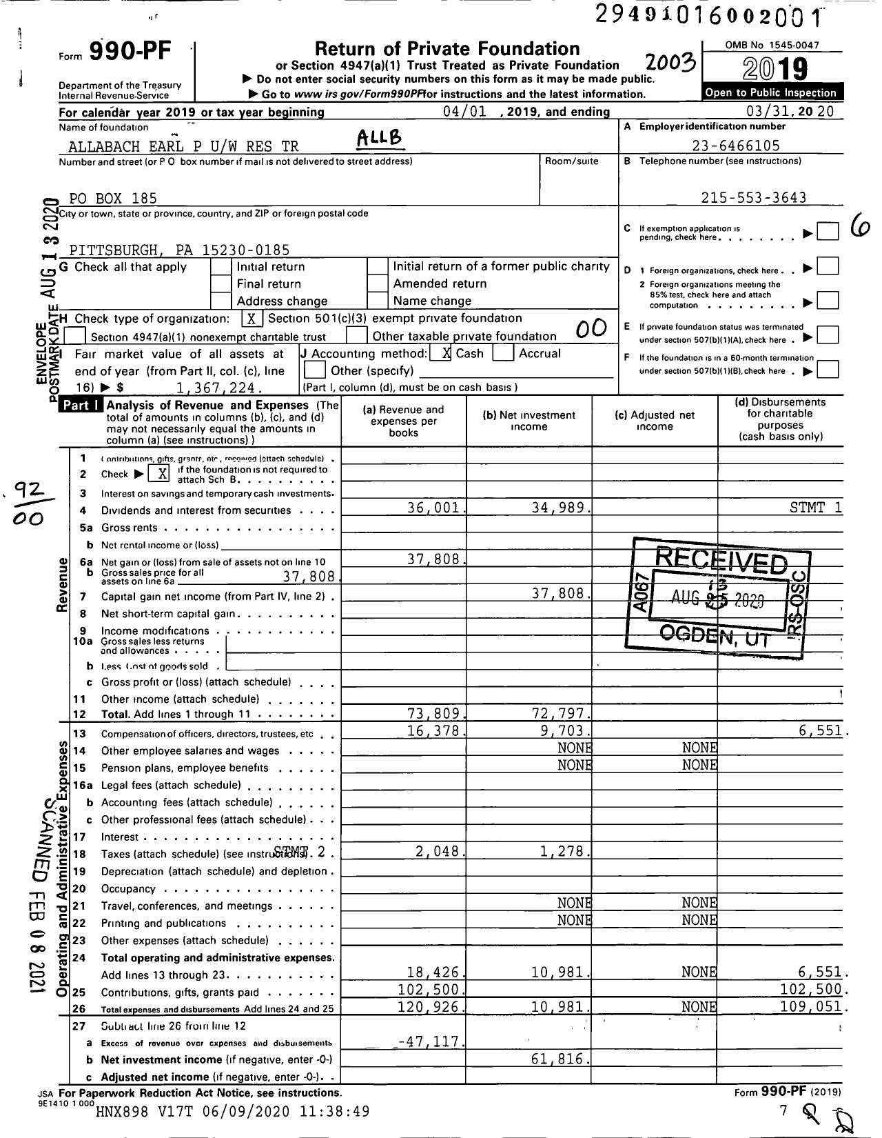 Image of first page of 2019 Form 990PF for Allabach Earl P Uw Res Trust