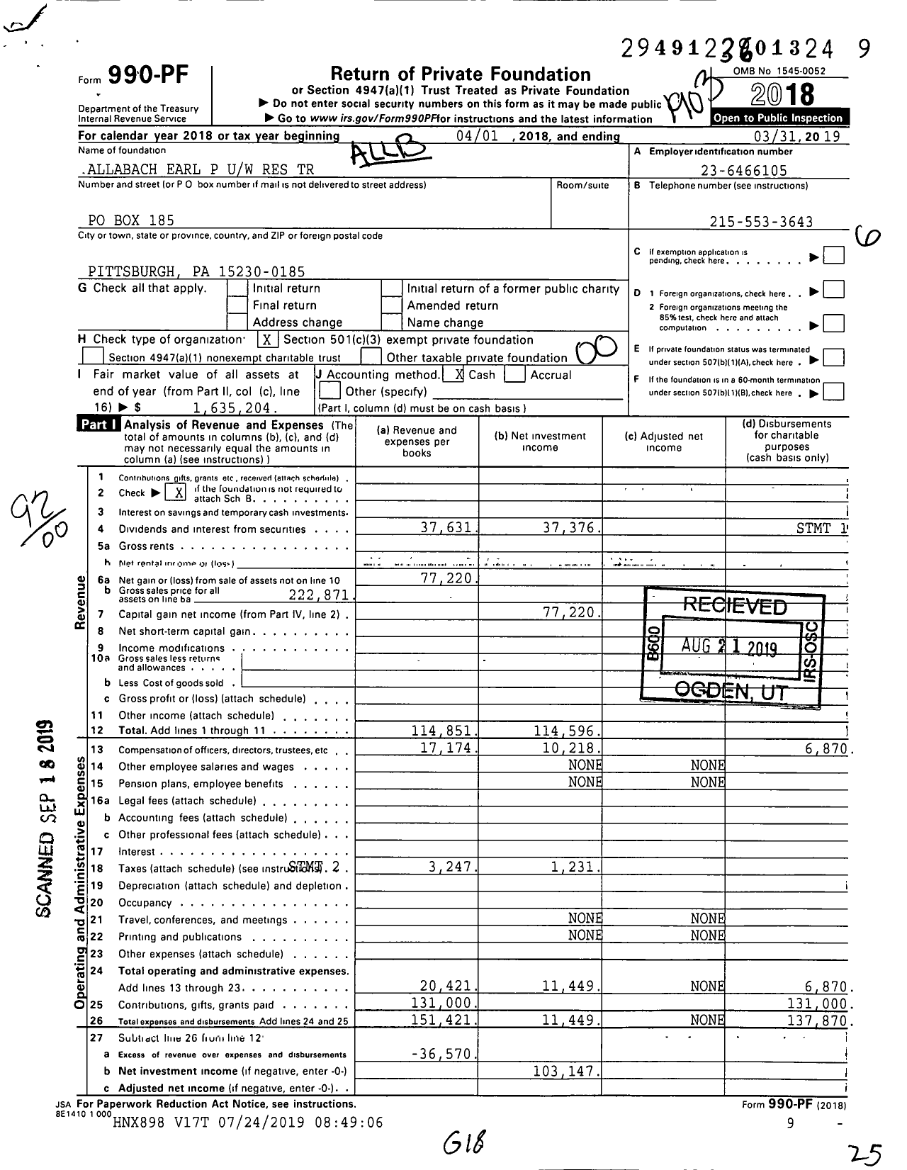 Image of first page of 2018 Form 990PF for Allabach Earl P Uw Res Trust