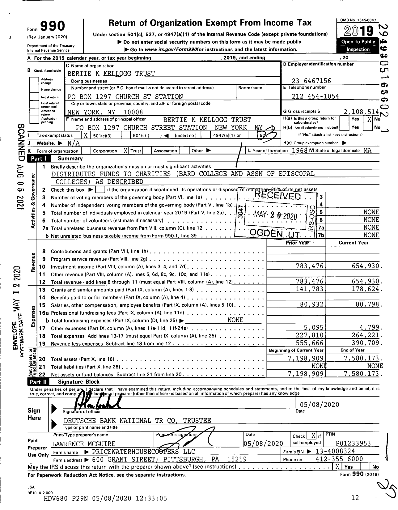 Image of first page of 2019 Form 990 for Bertie K Kellogg Trust