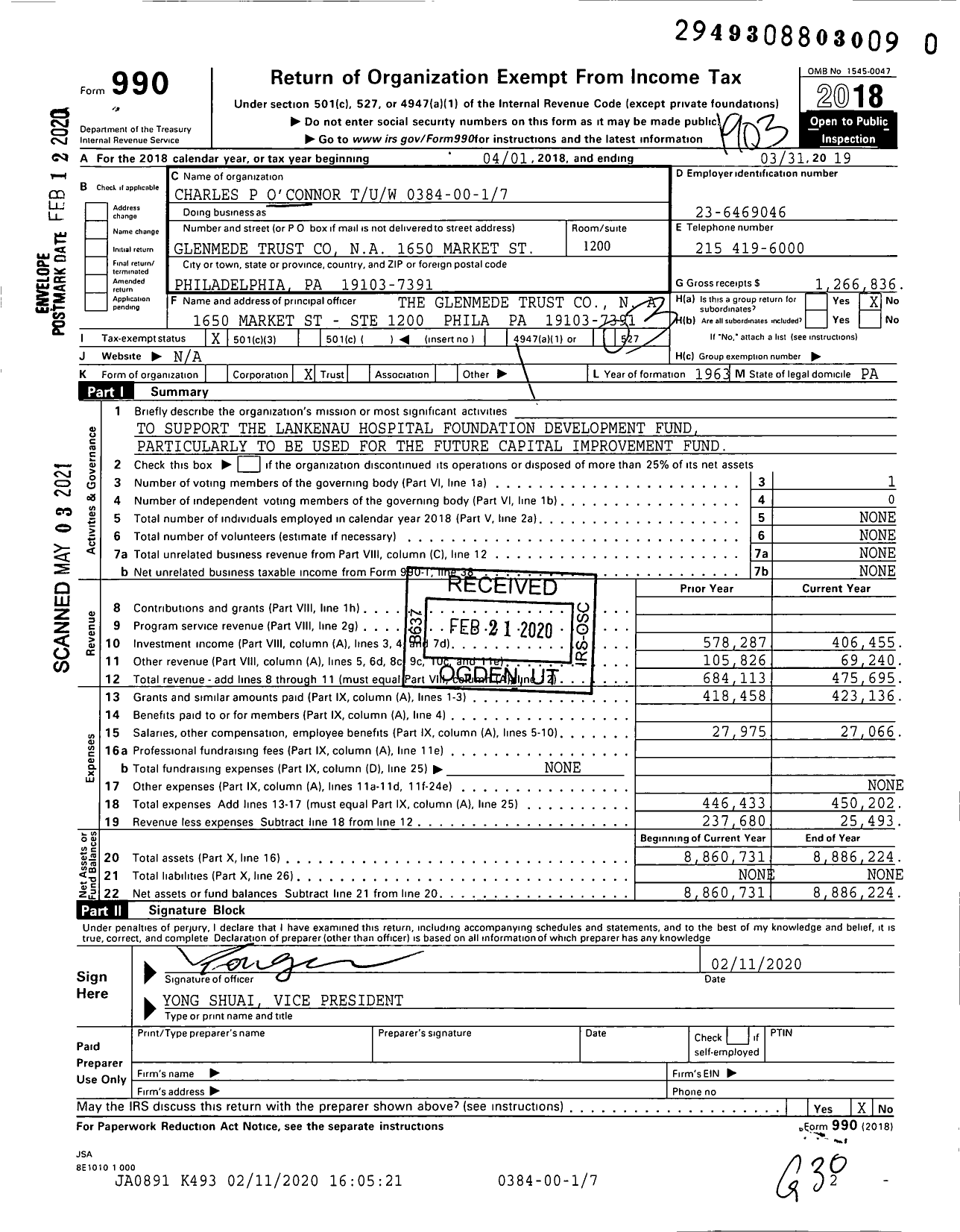 Image of first page of 2018 Form 990 for Charles P O'Connor Tuw 0384-00-17
