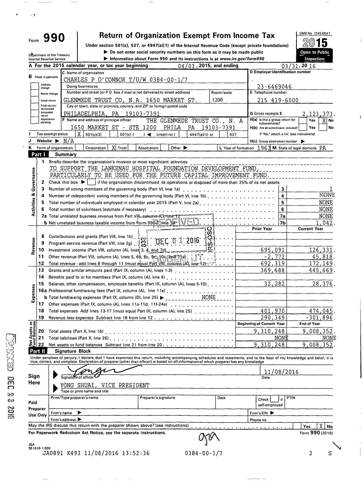 Image of first page of 2015 Form 990 for Charles P O'Connor Tuw 0384-00-17