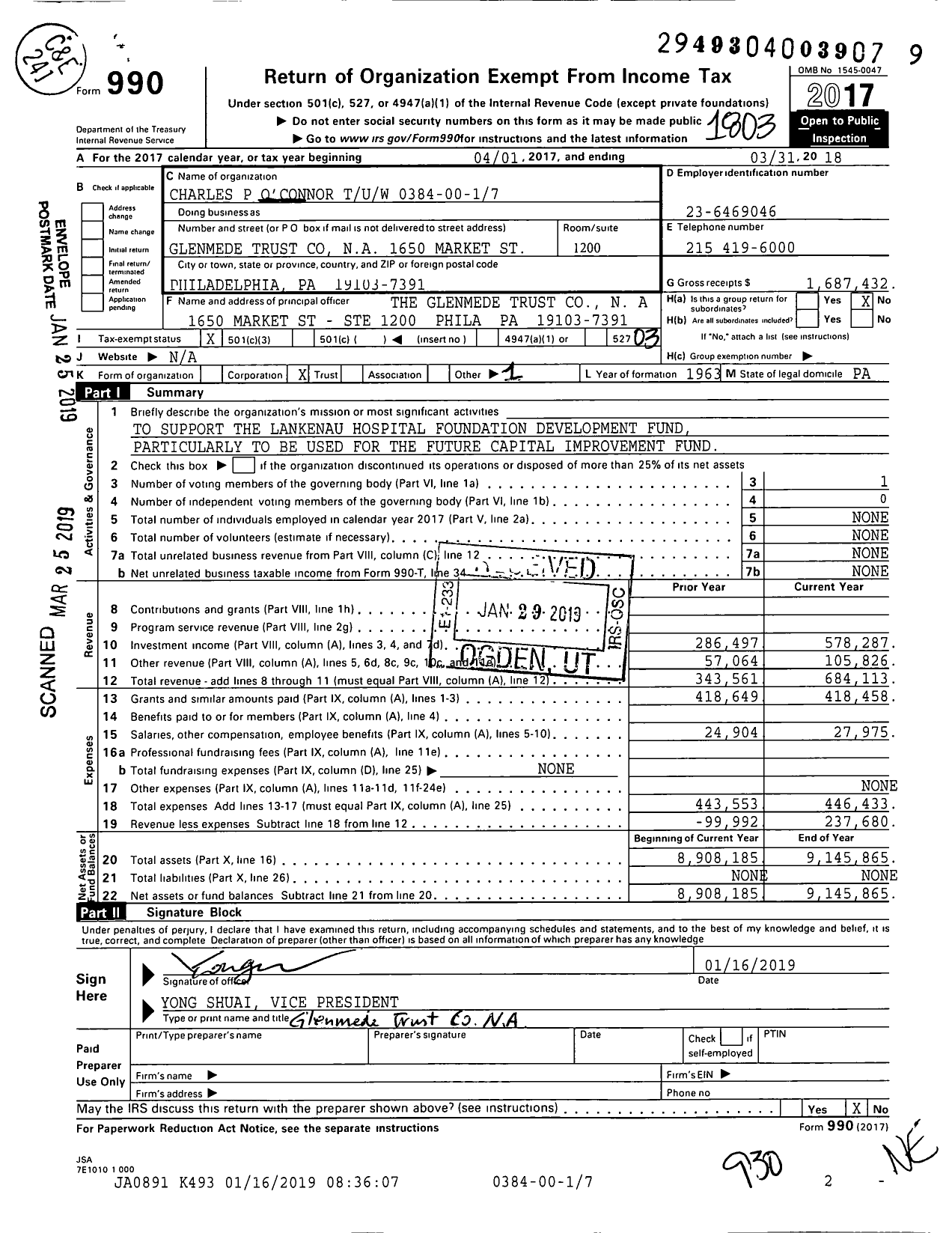 Image of first page of 2017 Form 990 for Charles P O'Connor Tuw 0384-00-17