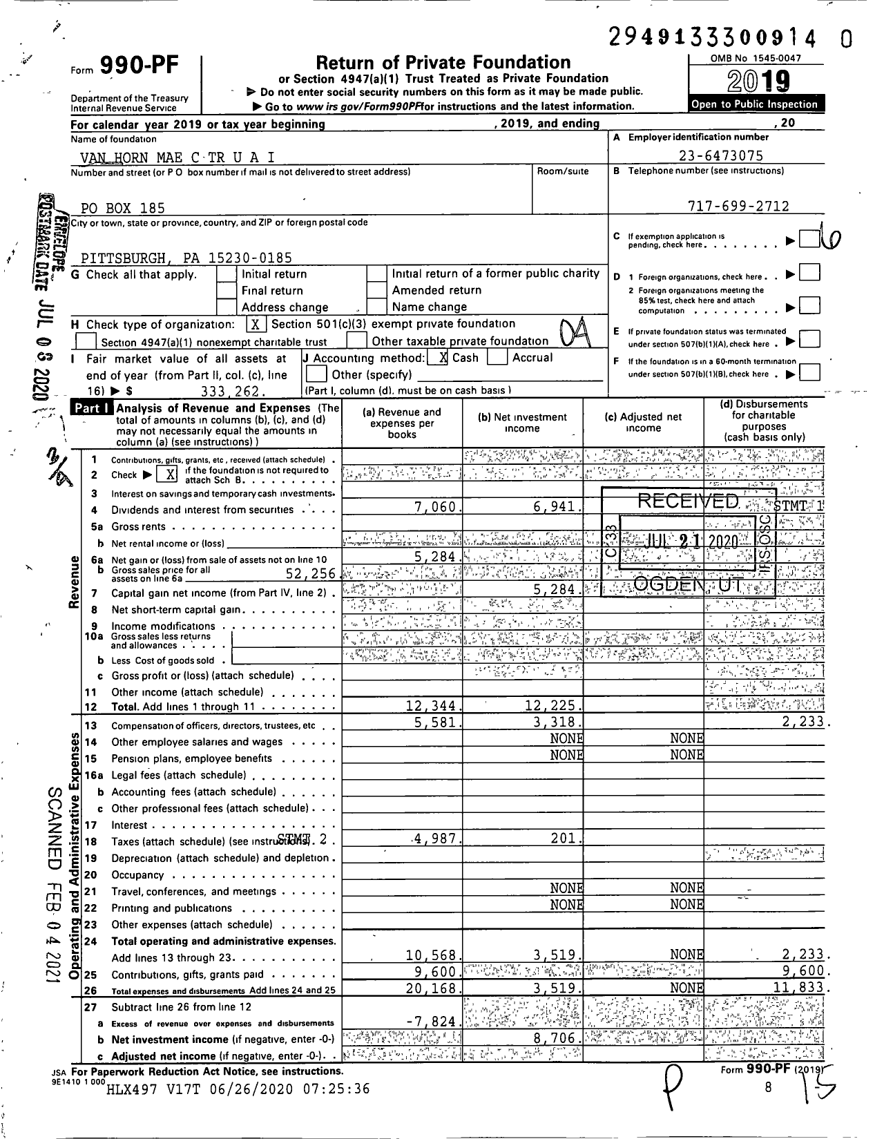 Image of first page of 2019 Form 990PF for Van Horn Mae C TR U A I