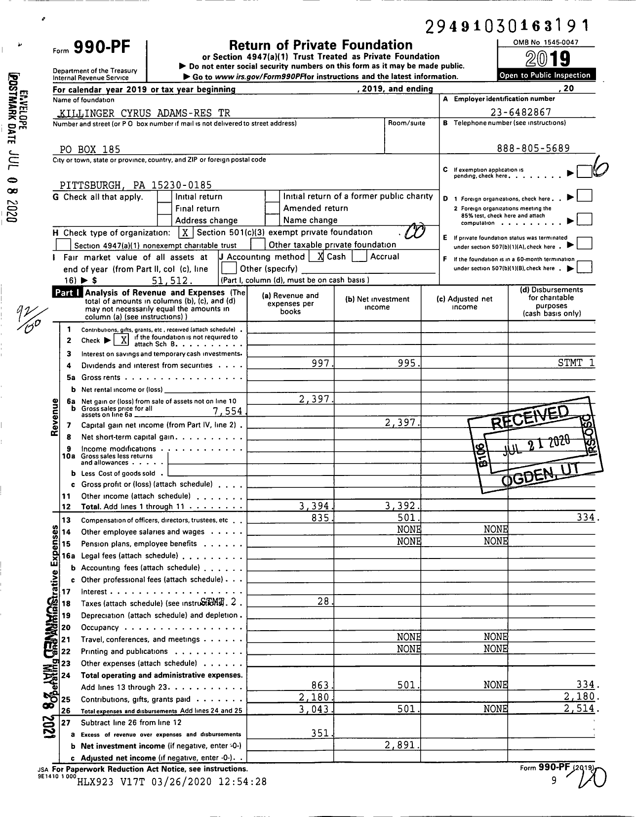 Image of first page of 2019 Form 990PF for Killinger Cyrus Adams-Res Trust