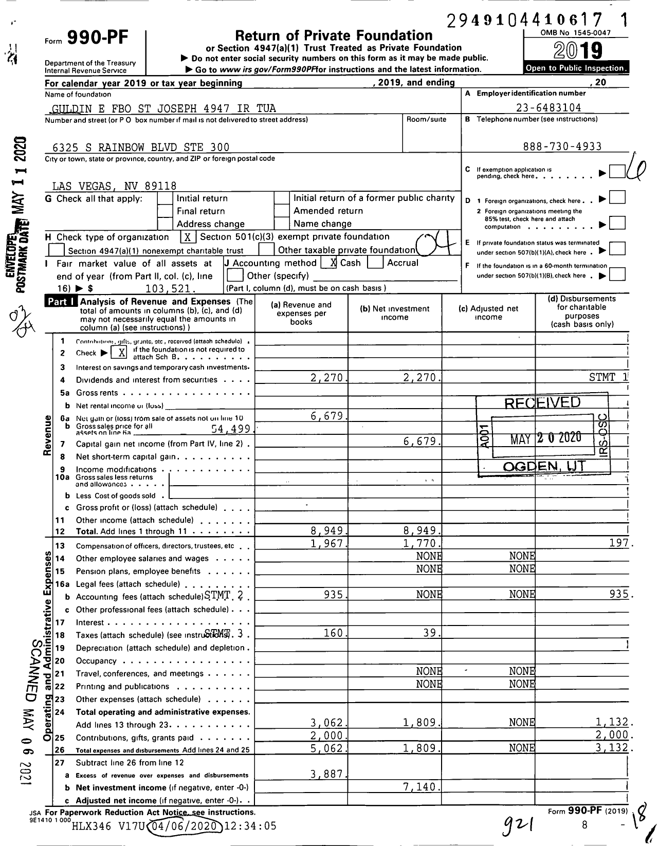 Image of first page of 2019 Form 990PF for Guldin E Fbo St Joseph 4947 Ir 4947-ir-tua