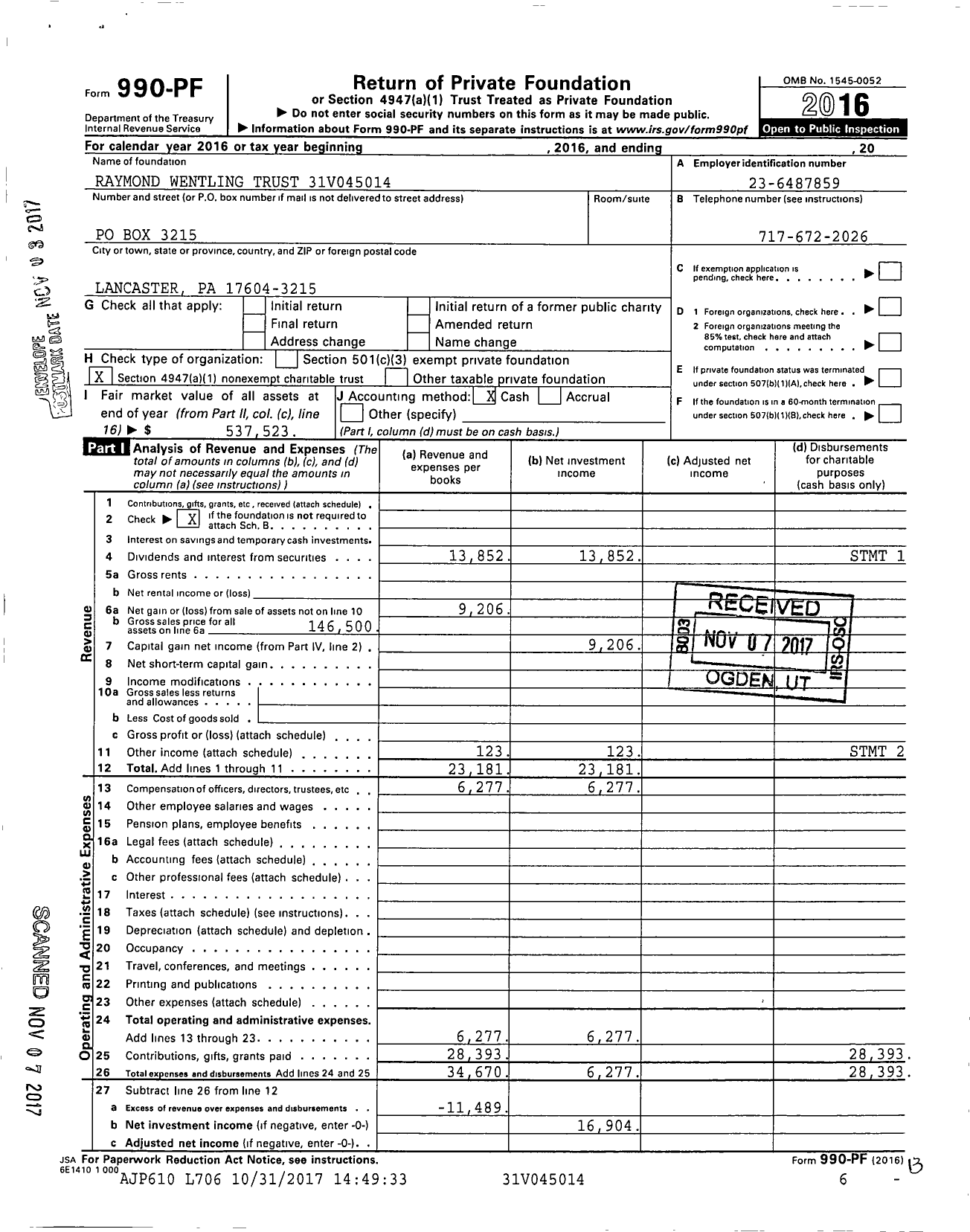 Image of first page of 2016 Form 990PF for Raymond Wentling Trust 31v045014