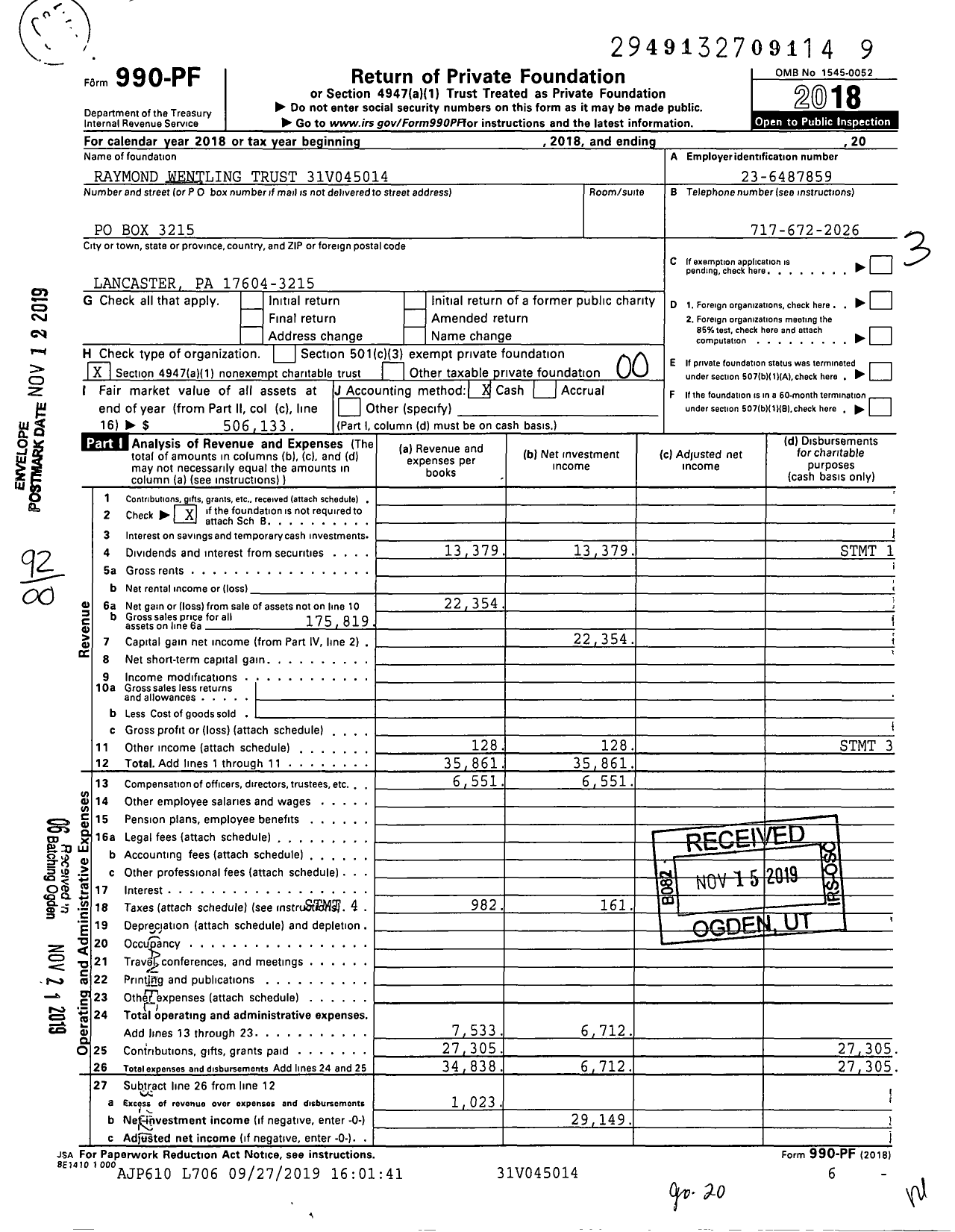 Image of first page of 2018 Form 990PF for Raymond Wentling Trust 31v045014