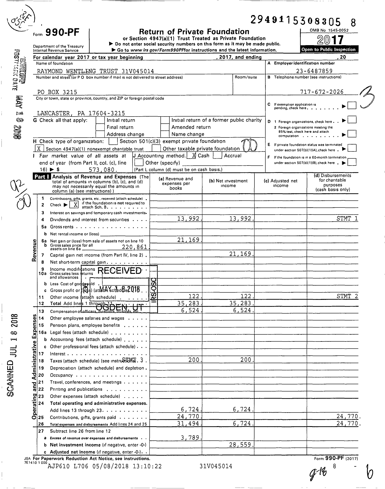 Image of first page of 2017 Form 990PF for Raymond Wentling Trust 31v045014