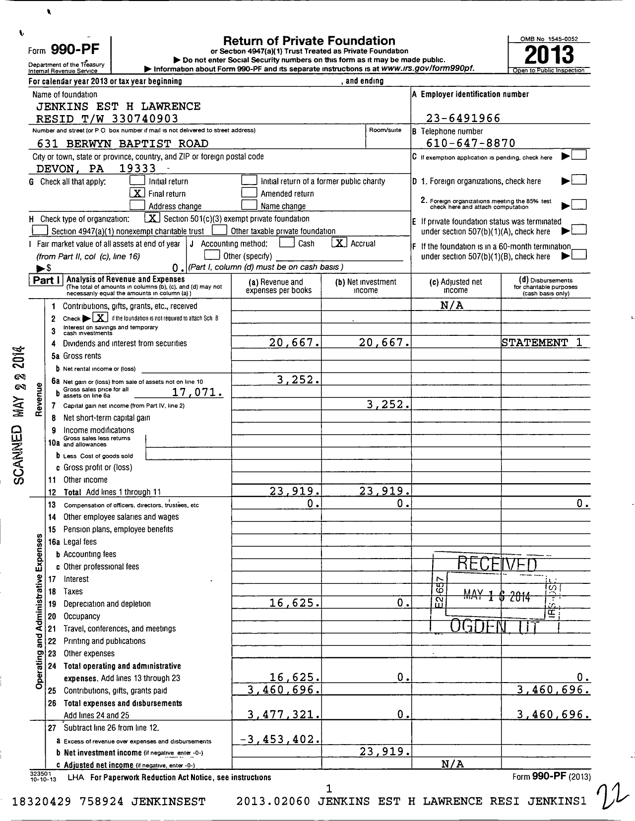 Image of first page of 2013 Form 990PF for Jenkins Est H Lawrence Resid TW