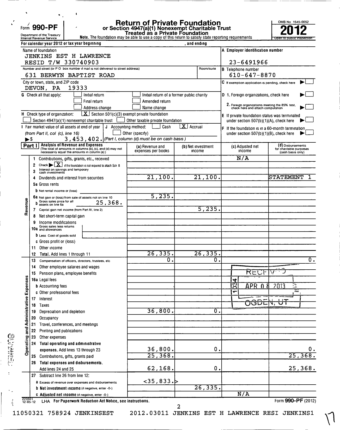 Image of first page of 2012 Form 990PF for Jenkins Est H Lawrence Resid TW
