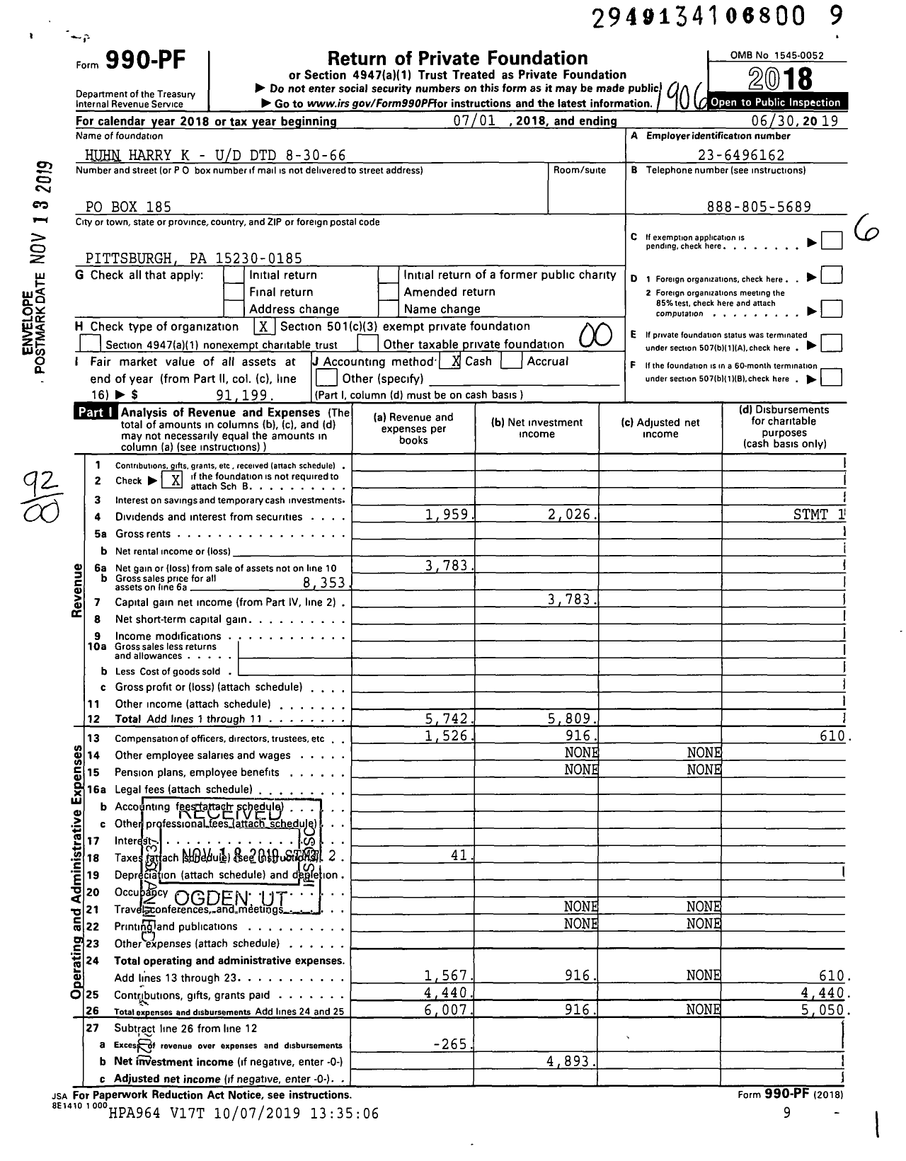 Image of first page of 2018 Form 990PF for Huhn Harry K - Ud DTD 8-30-66