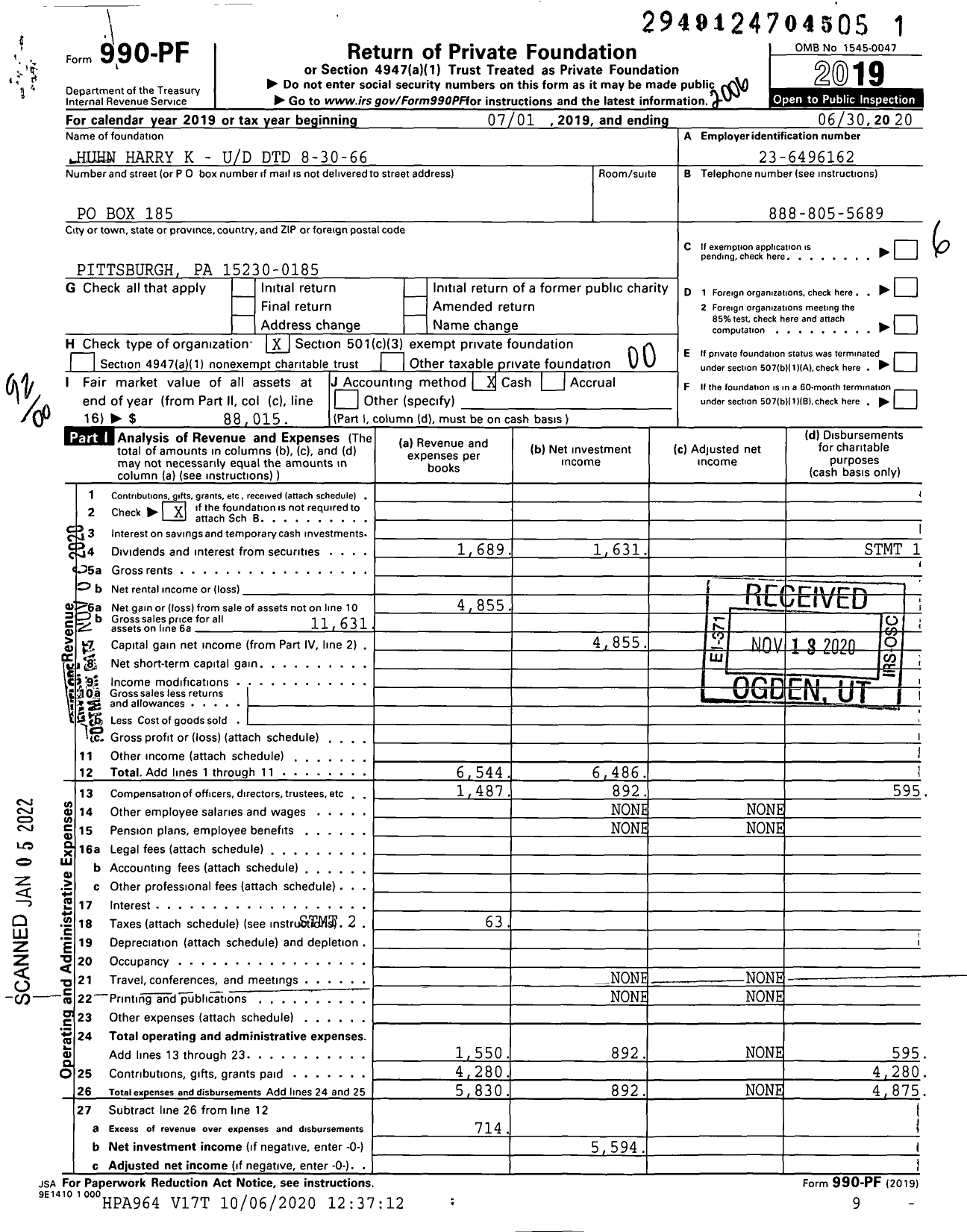 Image of first page of 2019 Form 990PF for Huhn Harry K - Ud DTD 8-30-66