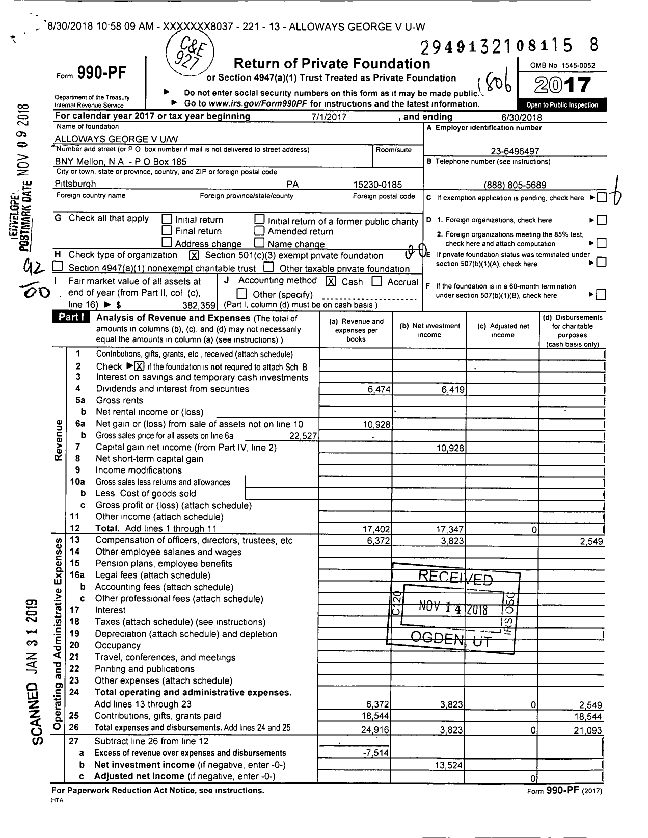 Image of first page of 2017 Form 990PF for Alloways George V Uw