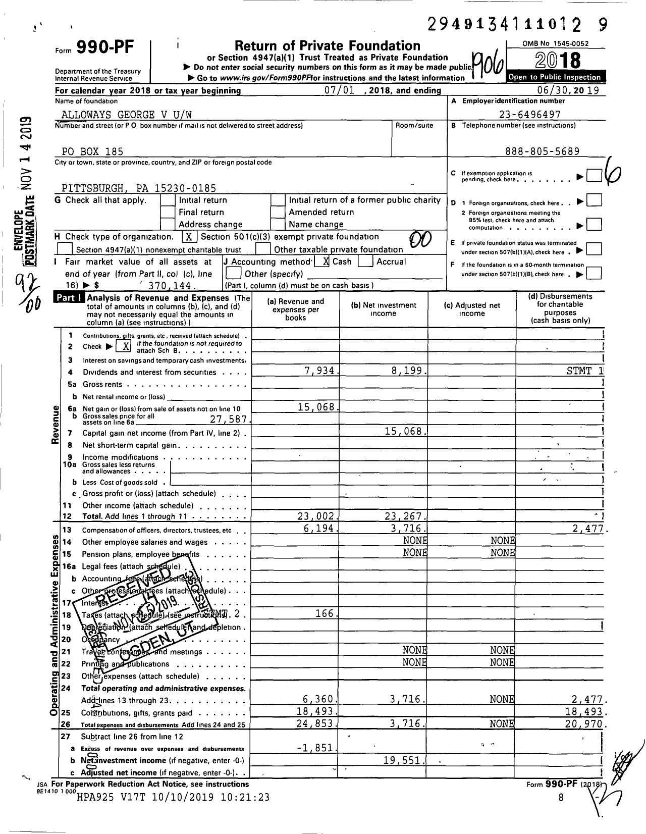 Image of first page of 2018 Form 990PF for Alloways George V Uw