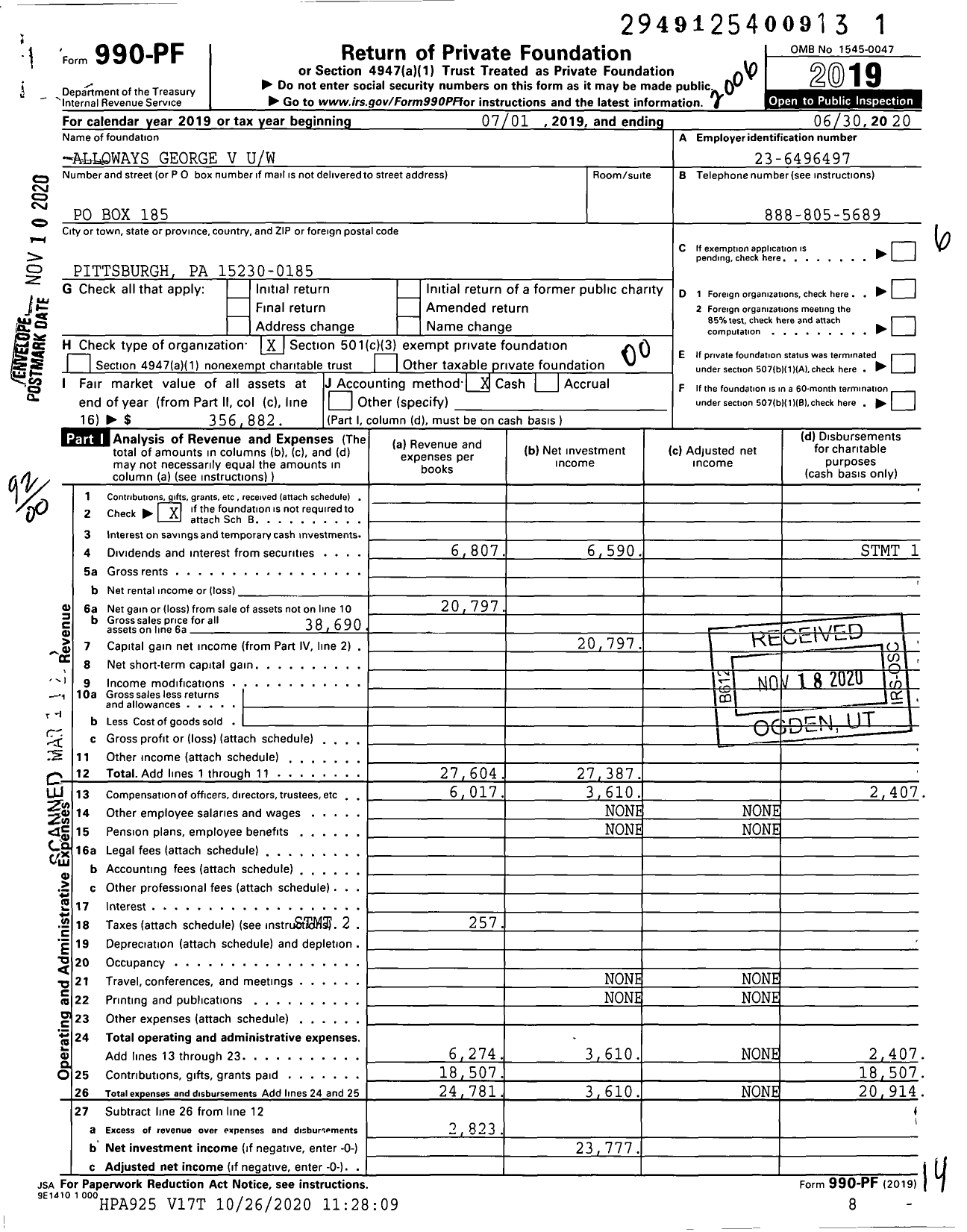 Image of first page of 2019 Form 990PF for Alloways George V Uw