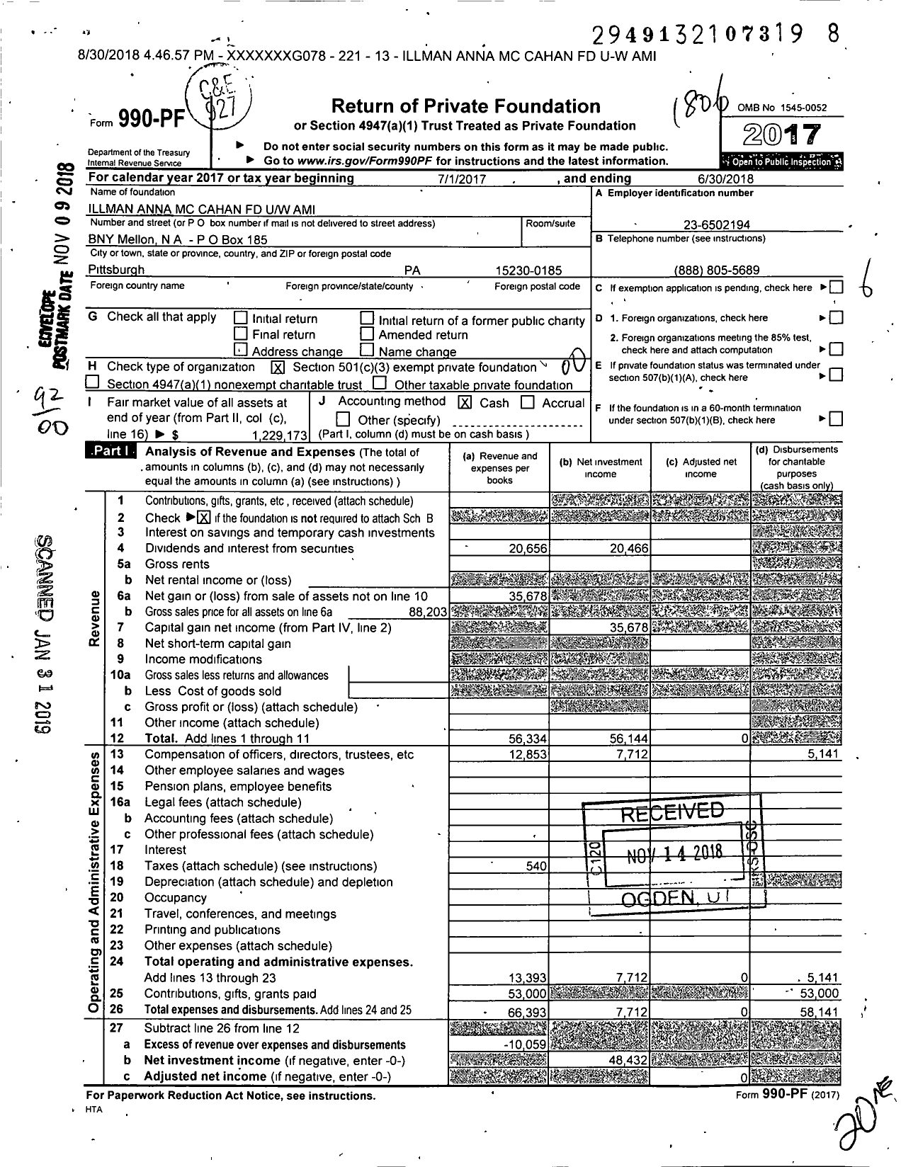 Image of first page of 2017 Form 990PF for Illman Anna MC Cahan FD Uw Ami