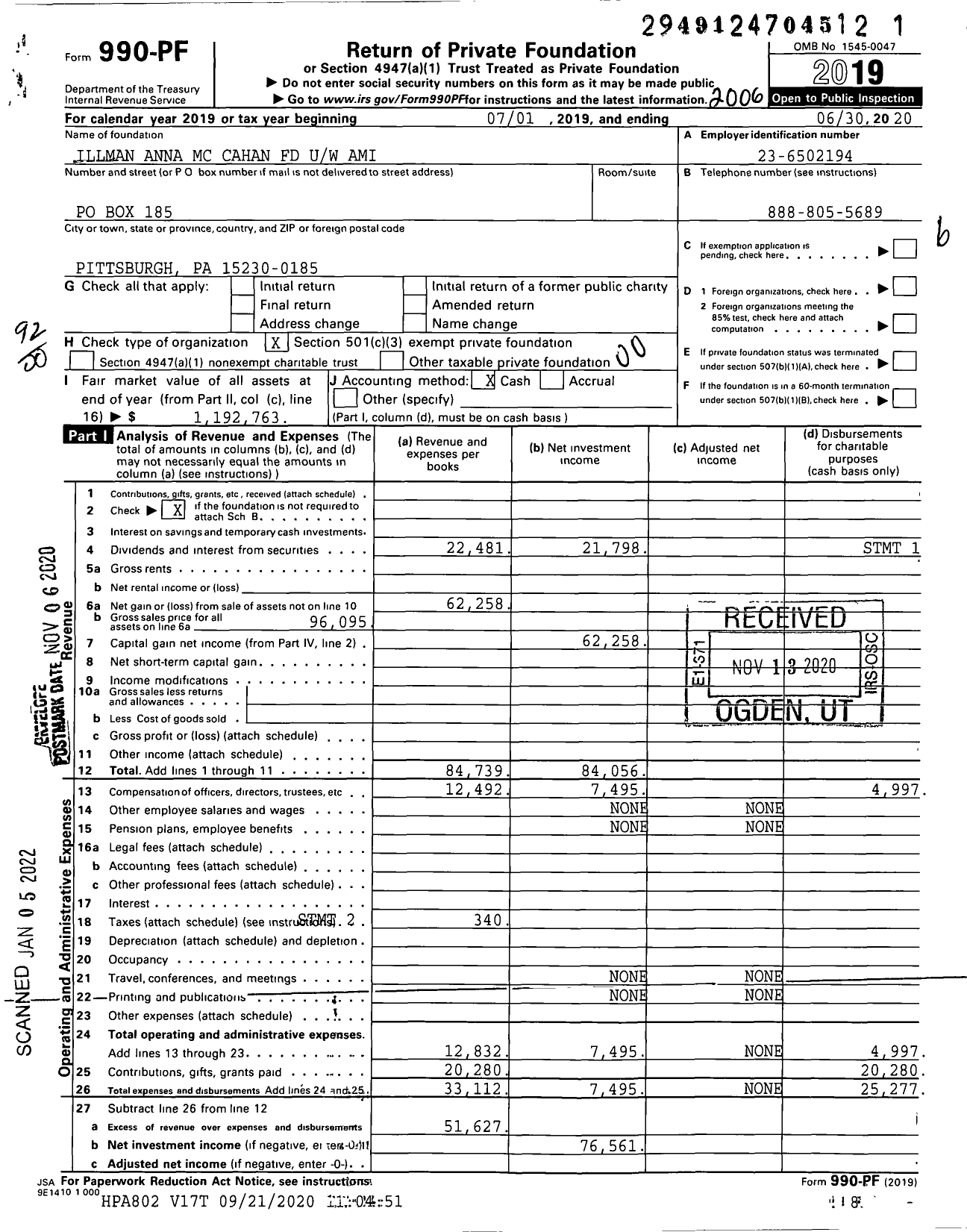 Image of first page of 2019 Form 990PF for Illman Anna MC Cahan FD Uw Ami