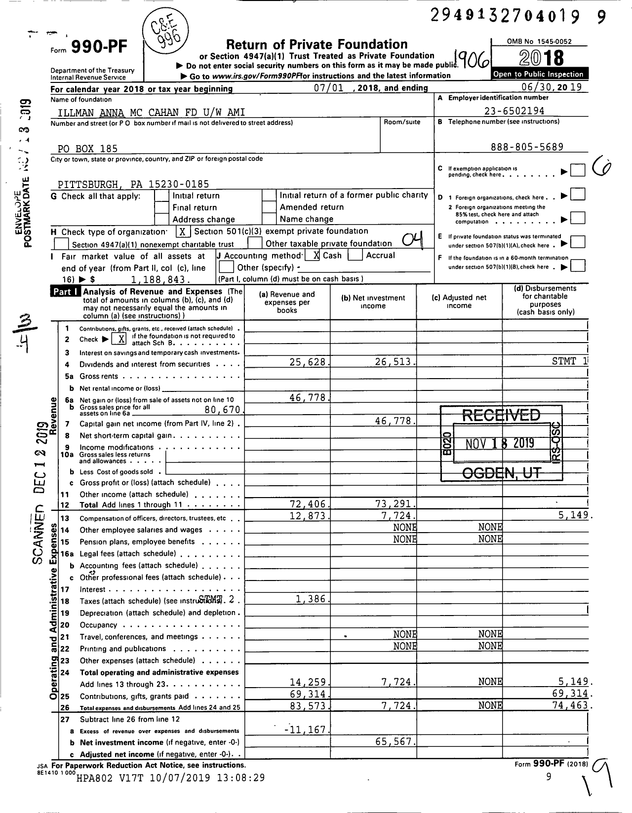 Image of first page of 2018 Form 990PF for Illman Anna MC Cahan FD Uw Ami