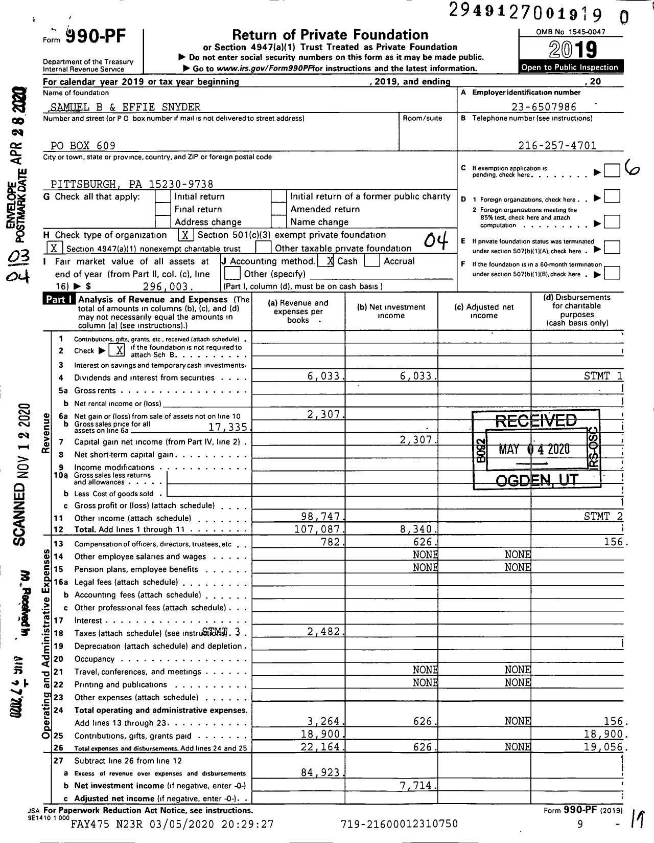 Image of first page of 2019 Form 990PF for Samuel B and Effie Snyder