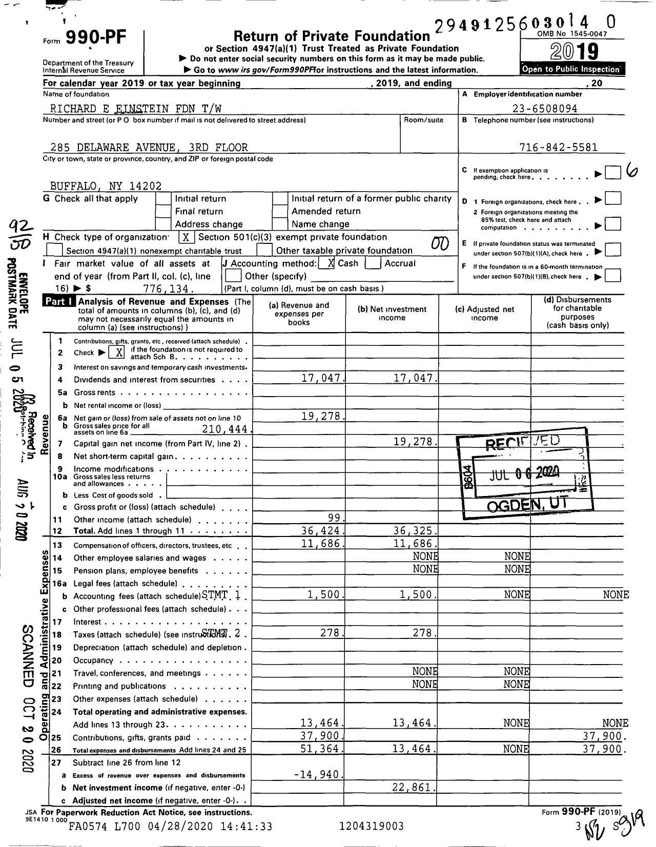 Image of first page of 2019 Form 990PR for Richard E Einstein Foundation TW