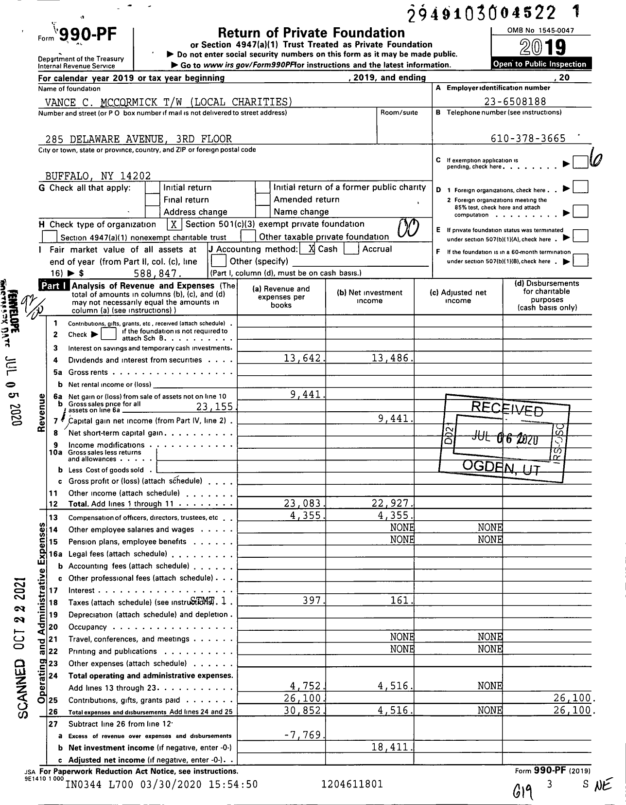 Image of first page of 2019 Form 990PF for Vance C Mccormick TW