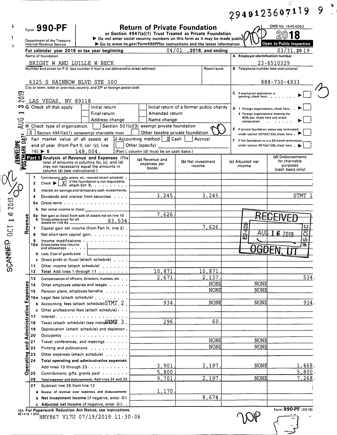 Image of first page of 2018 Form 990PF for Bright W and Luille W Beck