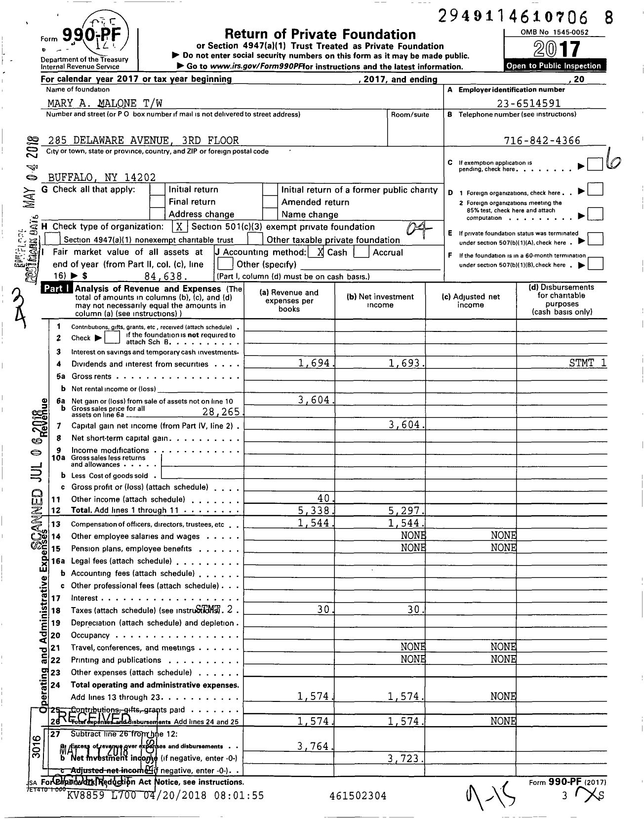 Image of first page of 2017 Form 990PF for Mary A Malone TW