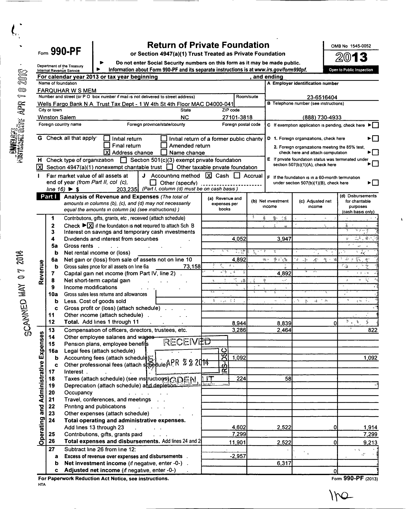 Image of first page of 2013 Form 990PF for Farquhar W S Mem