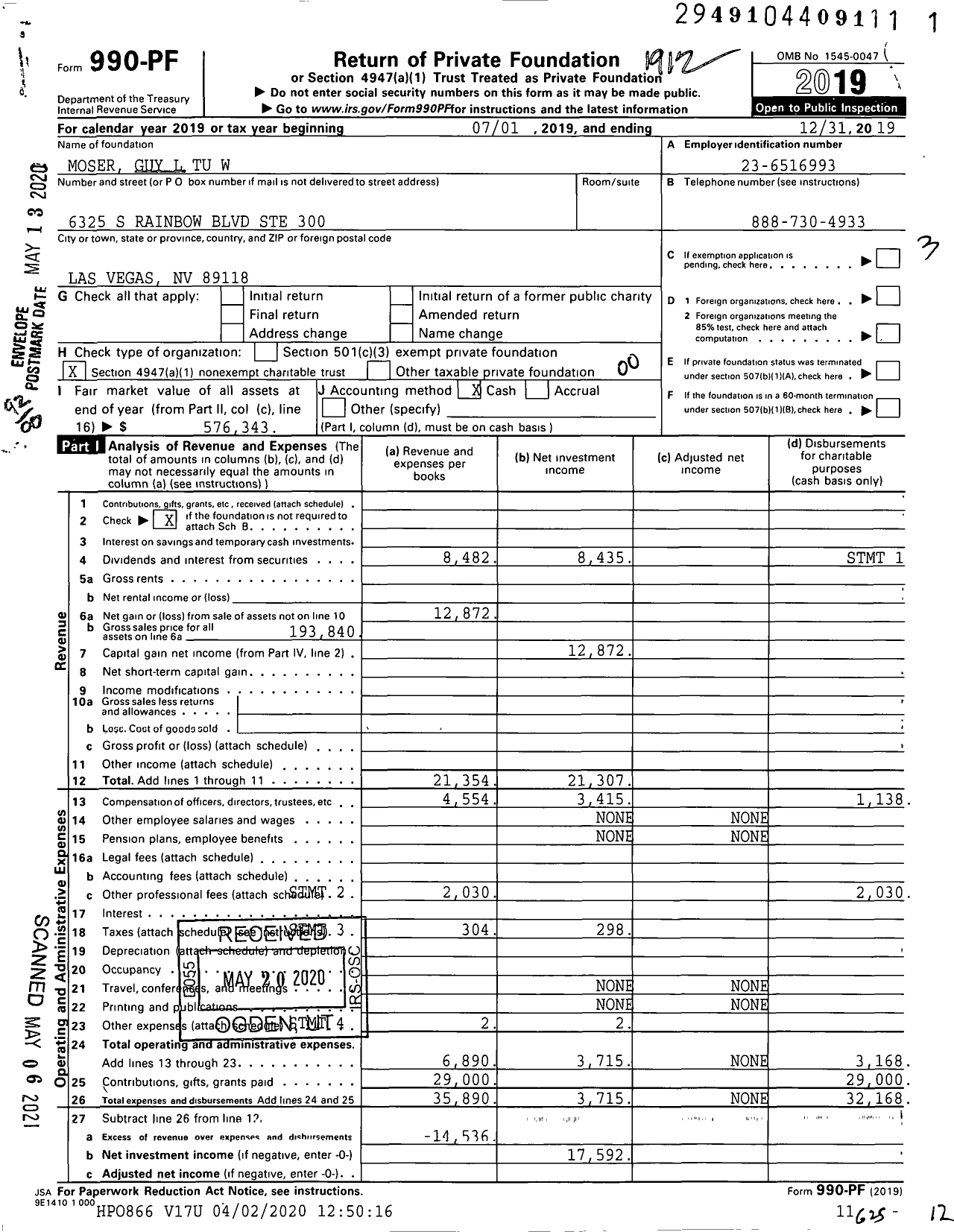 Image of first page of 2019 Form 990PF for Moser Guy L Tu W